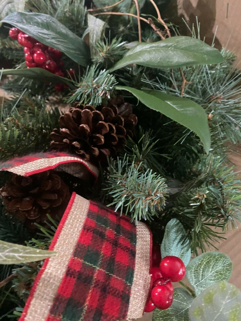 33-inch mixed floral holiday wreath with plaid ribbon and faux berries, new in box.