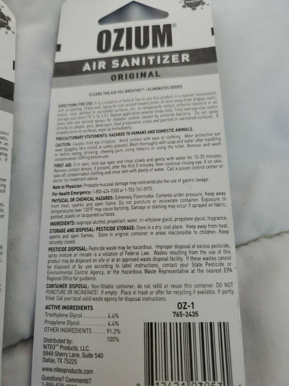 Ozium OZ-1 765-2435, Air Sanitizer, Original Scent, 0.8 fl. oz., Lot of 2, FS
