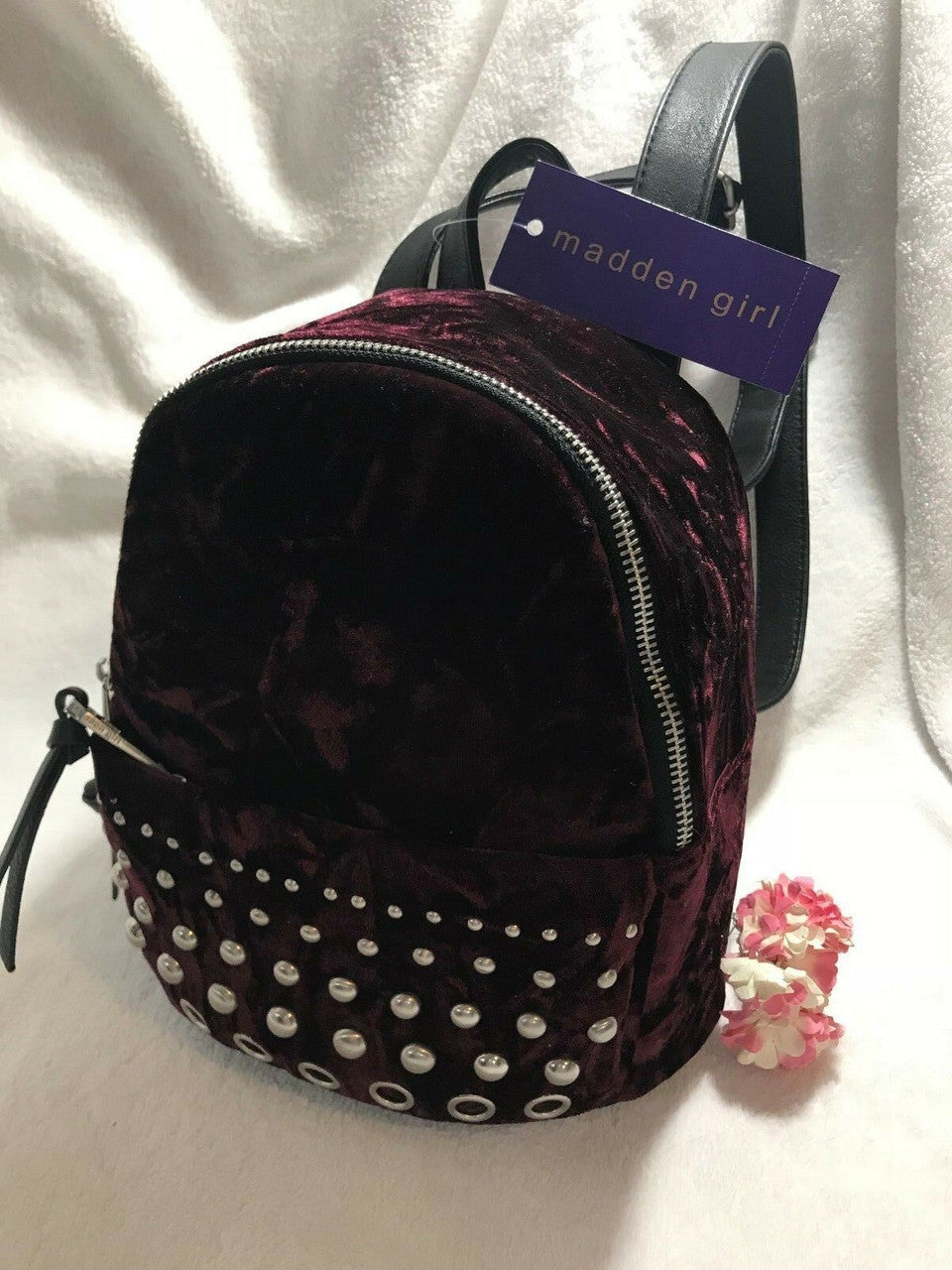 Madden Girl Burgundy Velvet Backpack with silver studs