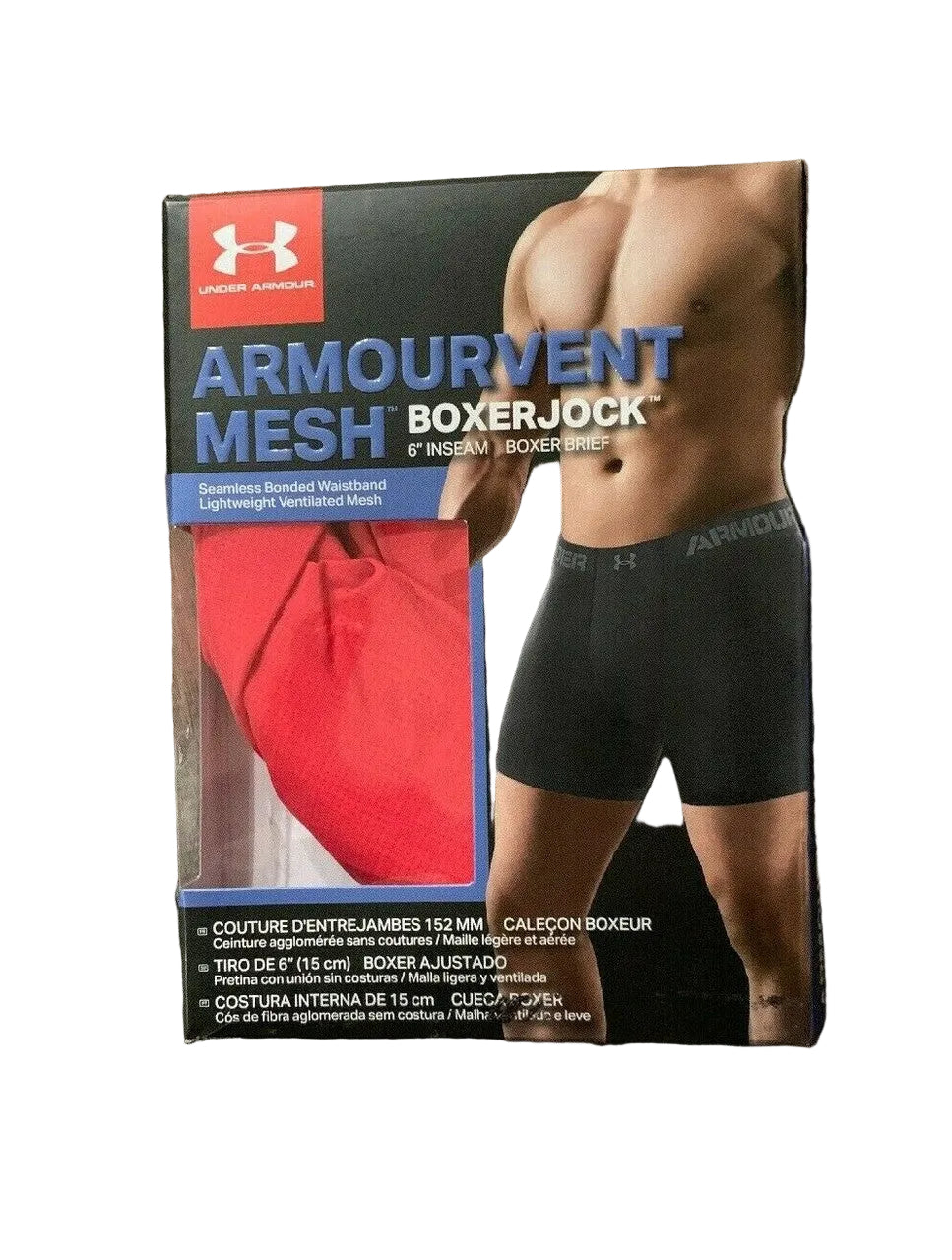 Boxer jock packaging with a person wearing black Armourvent Mesh boxer briefs on a white background