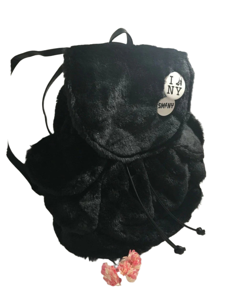 Steve Madden medium black faux fur backpack with decorative pin, side pockets, and drawstring flap