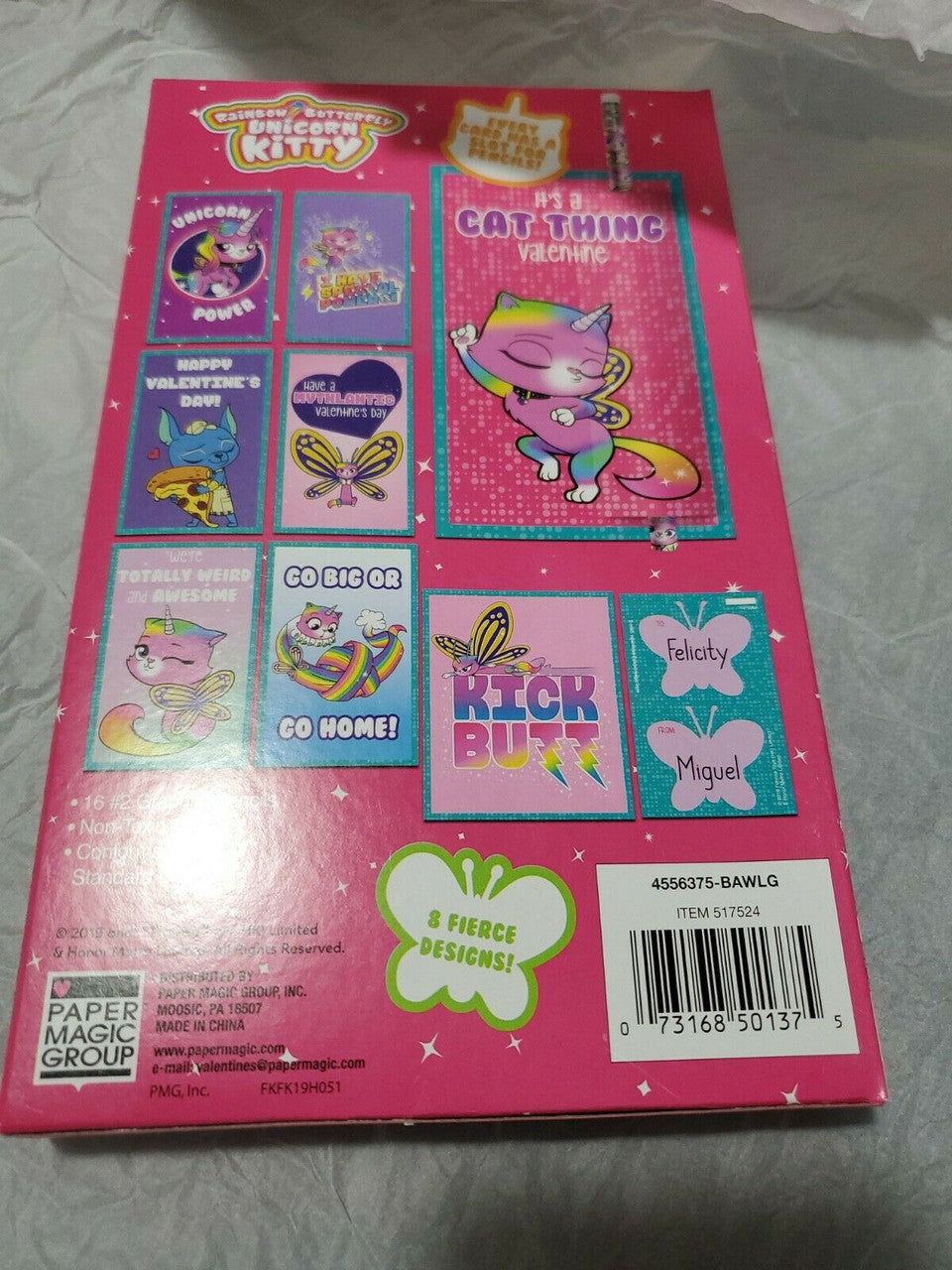 Unicorn Kitty Rainbow  Butterfly 16 Valentines with 16 Pencils