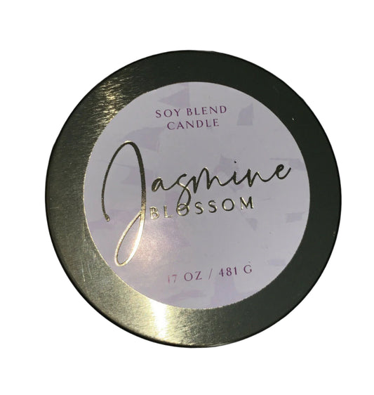 Jasmine Blossom 17 oz soy blend candle in a faceted pearl gem jar with black lid