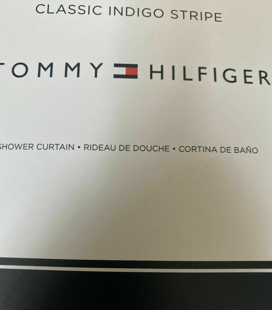 Tommy Hilfiger Classic Indigo Stripe Ivory Beige Fabric Shower Curtain 72x72