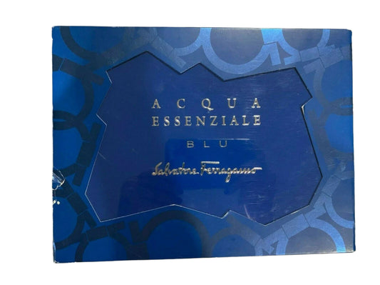 Salvatore Ferragamo Acqua Essenziale Blu 3-piece men’s fragrance gift set with EDT, shower gel, and aftershave in blue box