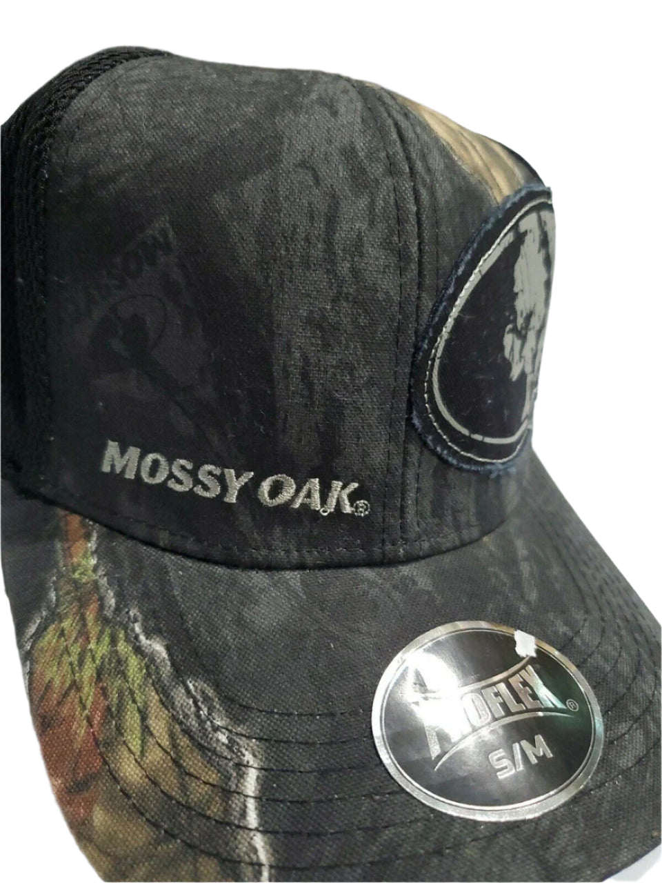 Mossy Oak men's black camo baseball cap with stretch-fit Proflex band and plastic mesh back, displayed from multiple angles.