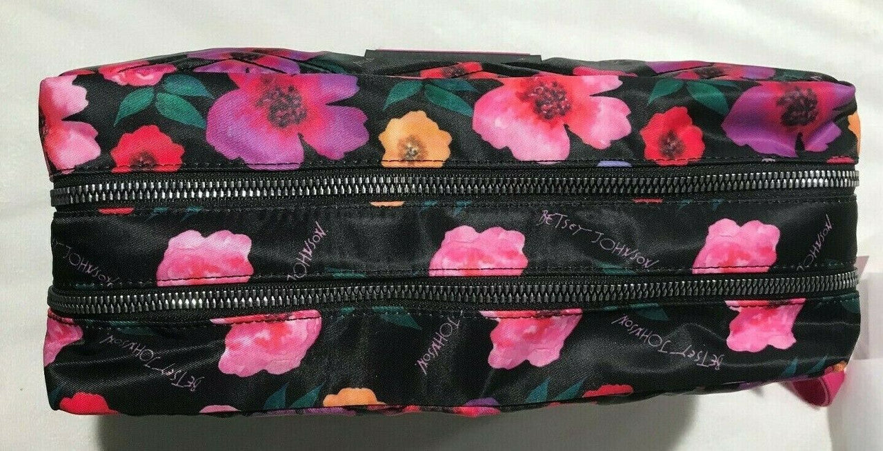 Betsey Johnson Double Zip Printed Pvc Cosmetic Travel Bag Blush Black Floral