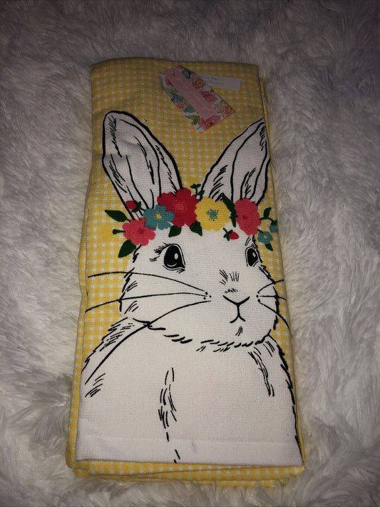 Spring Gatherings Set Of 2 Kitchen Towels Yellow Gray Bunny Bird Floral Easter