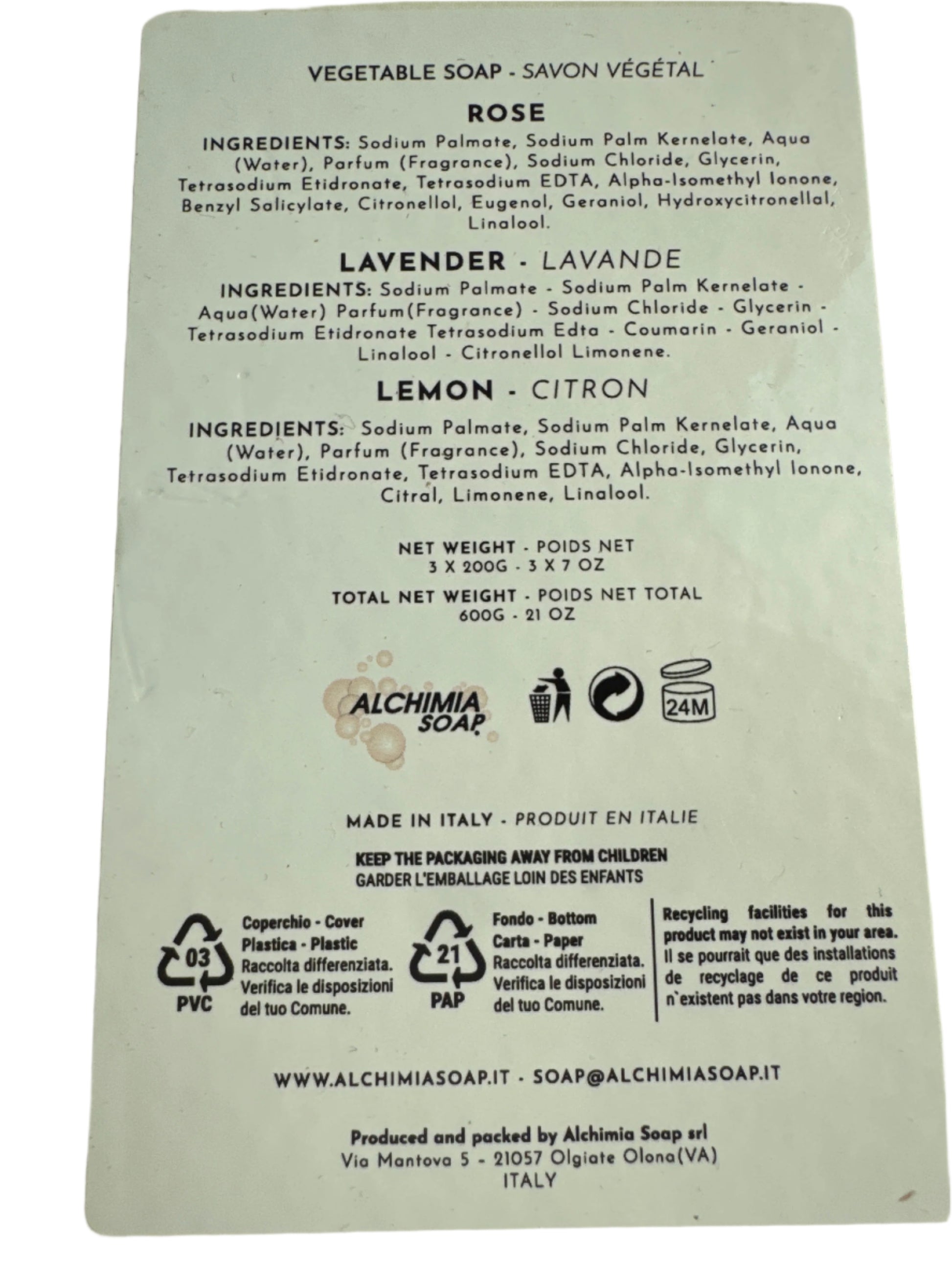 Set of three Alchimia vegetable soaps in Rose, Lavender, and Lemon scents – each bar 7 oz, boxed