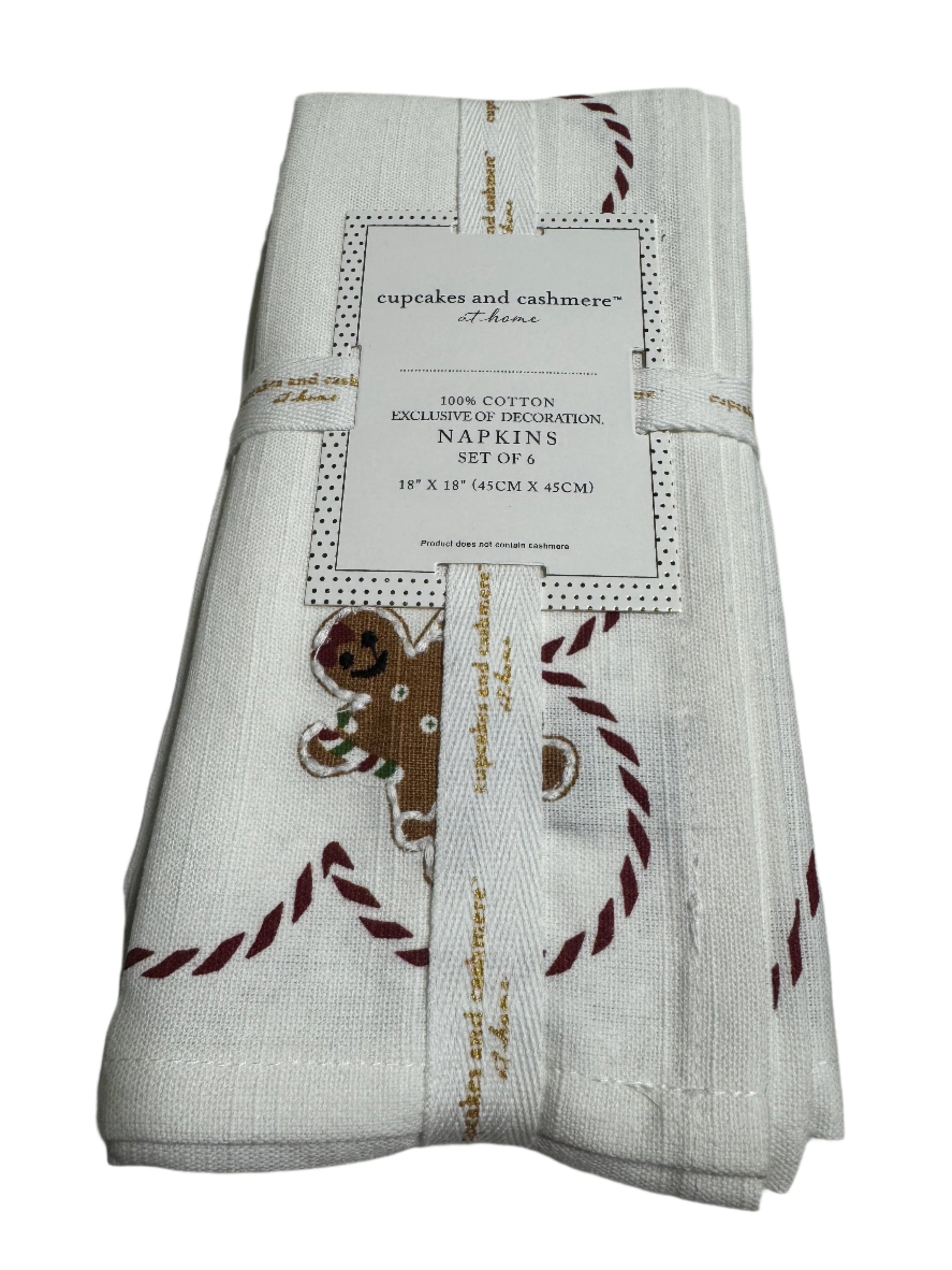 Set of 6 embroidered cotton napkins with gingerbread and candy cane Christmas design from Cupcakes and Cashmere