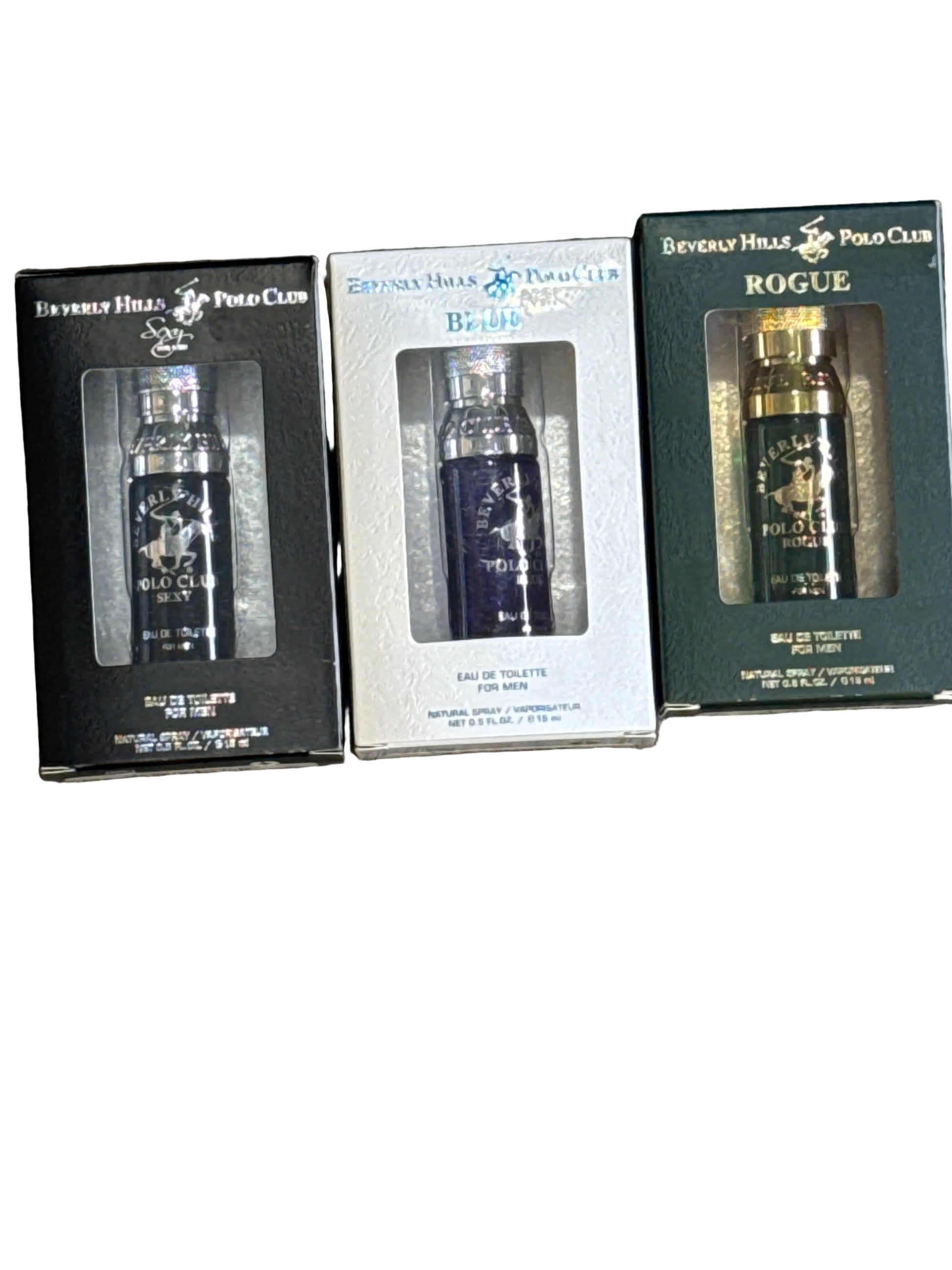 Beverly Hills Polo Club Men’s 3-piece EDT cologne set featuring Sexy, Blue, and Rogue natural spray bottles. Travel size fragrance gift set for men.