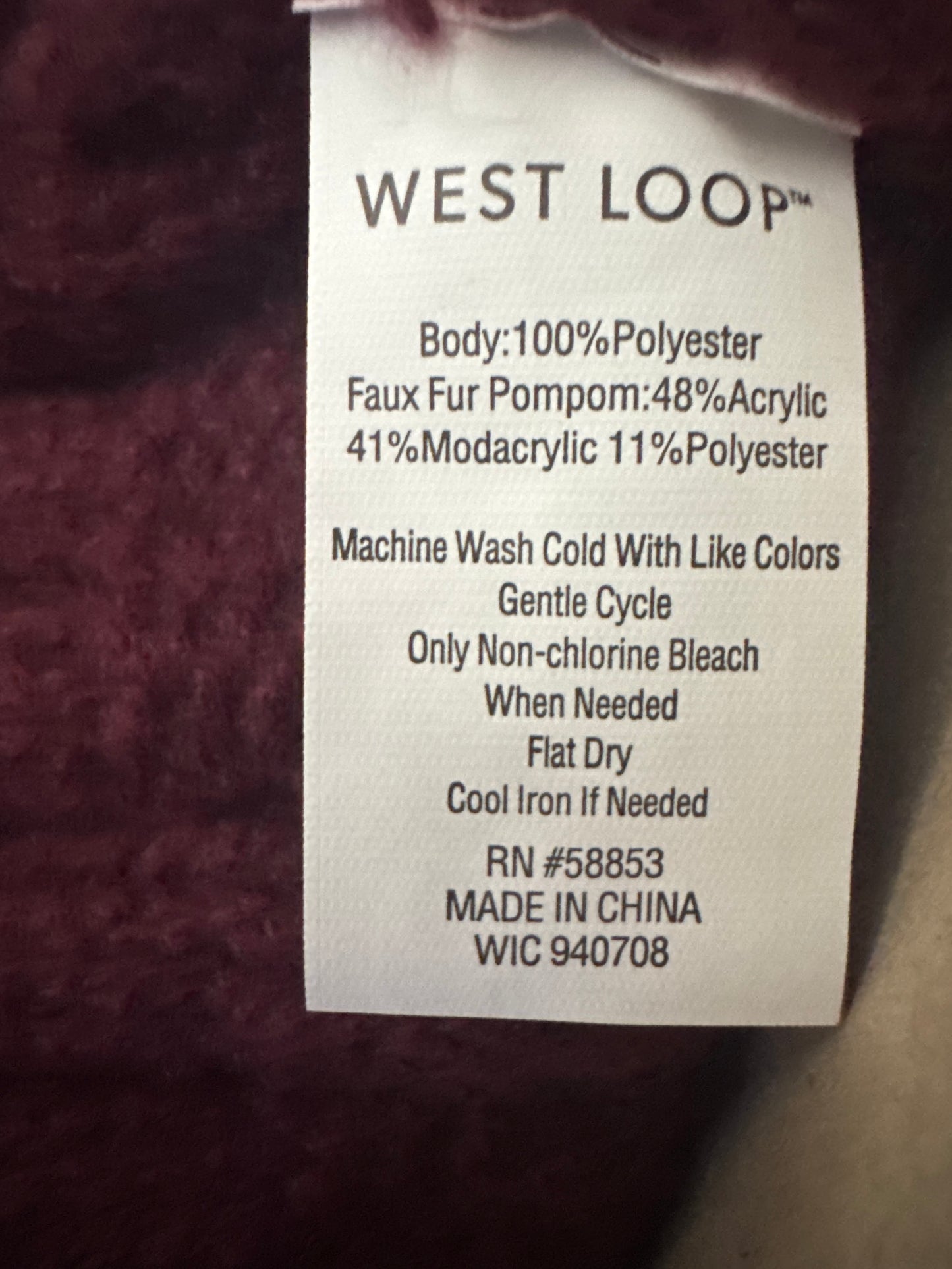 burgundy cable knit beanie with faux fur pom pom, one size winter hat