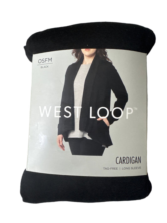 West Loop black cardigan packaging showing model wearing tag-free long sleeve open-front sweater, one size fits most