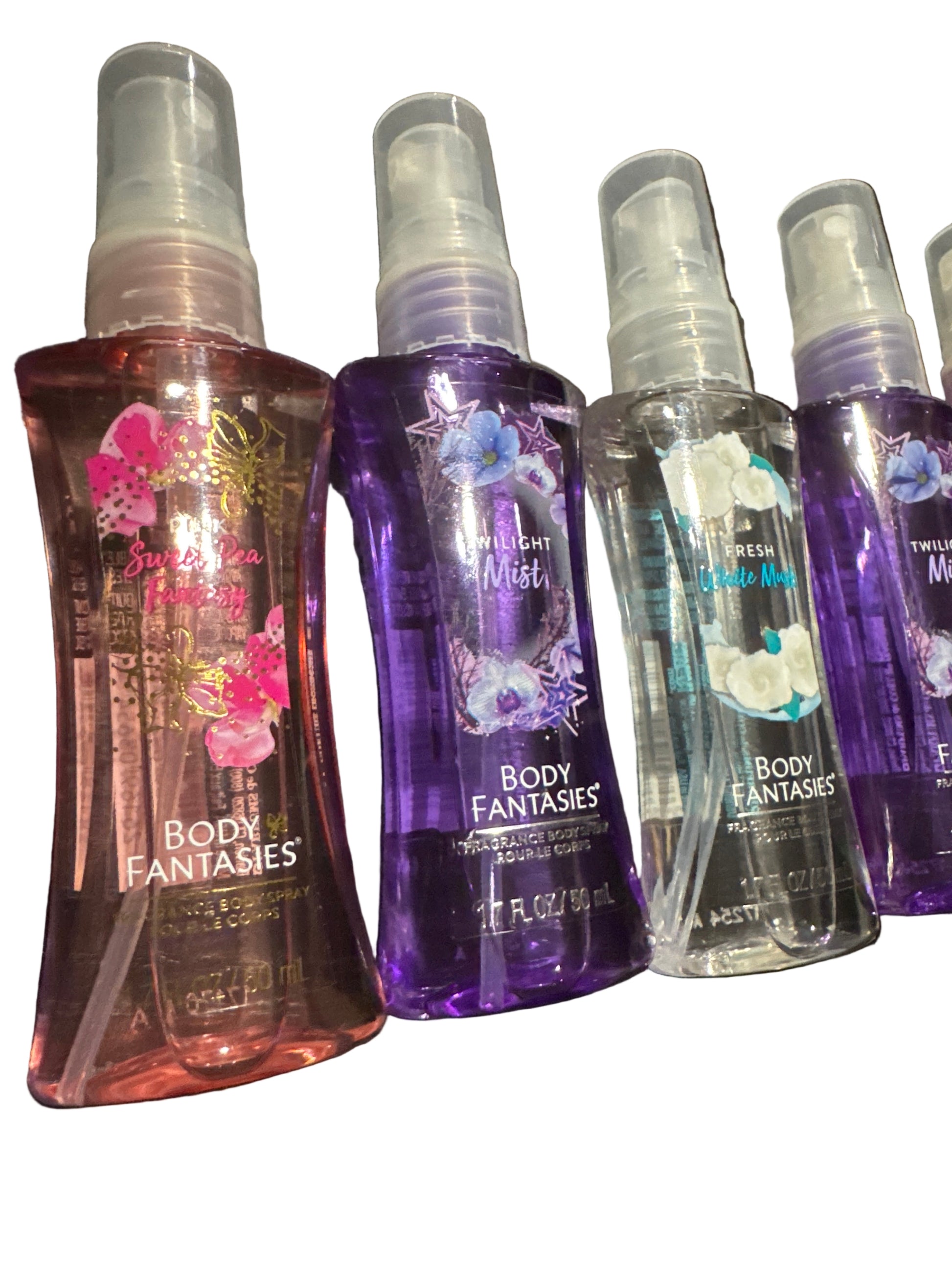 Five assorted 1.7 fl oz body mists including Sweet Pea Fantasy, Twilight Mist, Fresh White Musk, and Japanese Cherry Blossom.