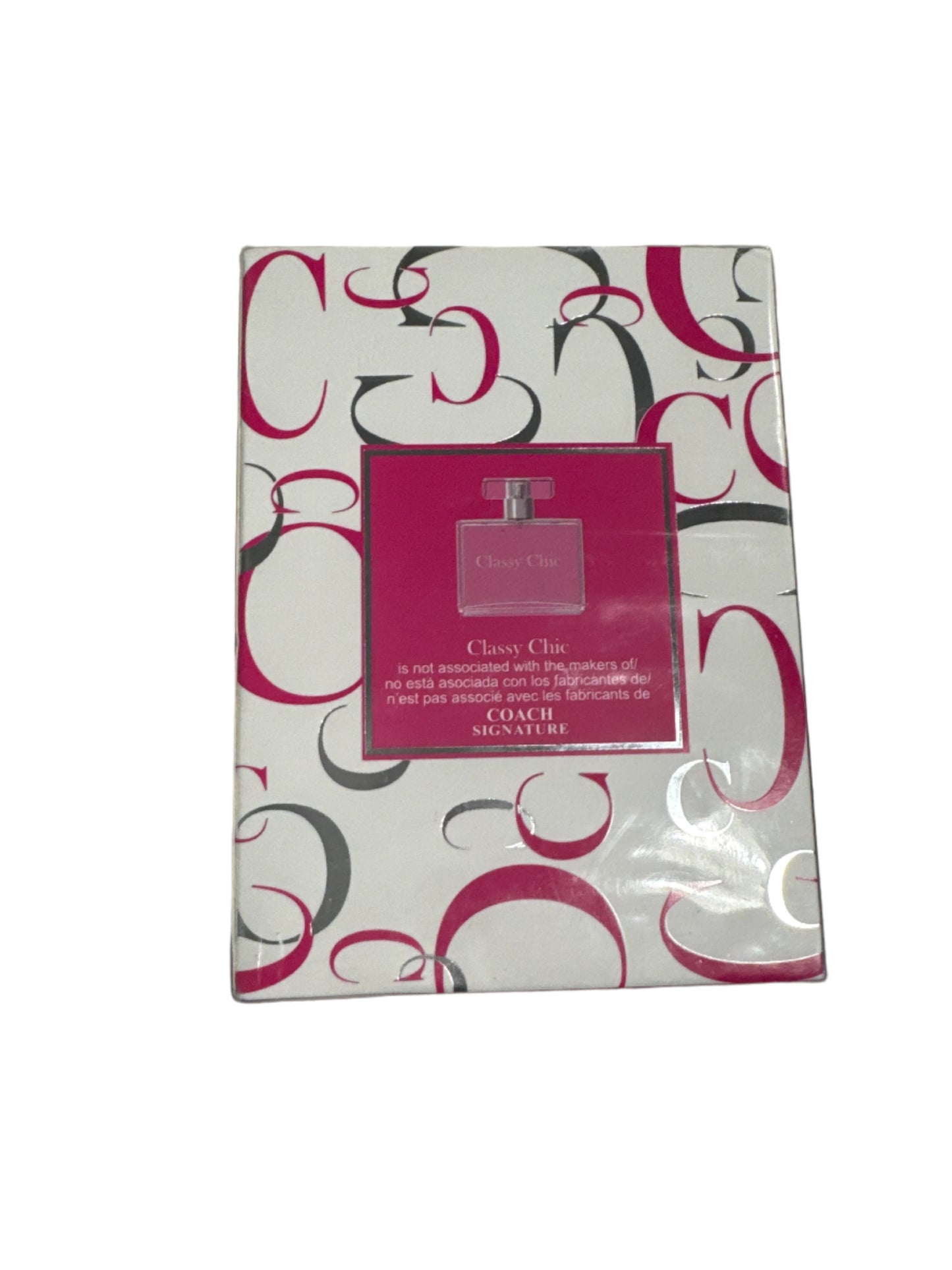 Classy Chic Eau de Parfum spray box with pink and white design, 3.4 fl oz fragrance inspired by Coach Signature