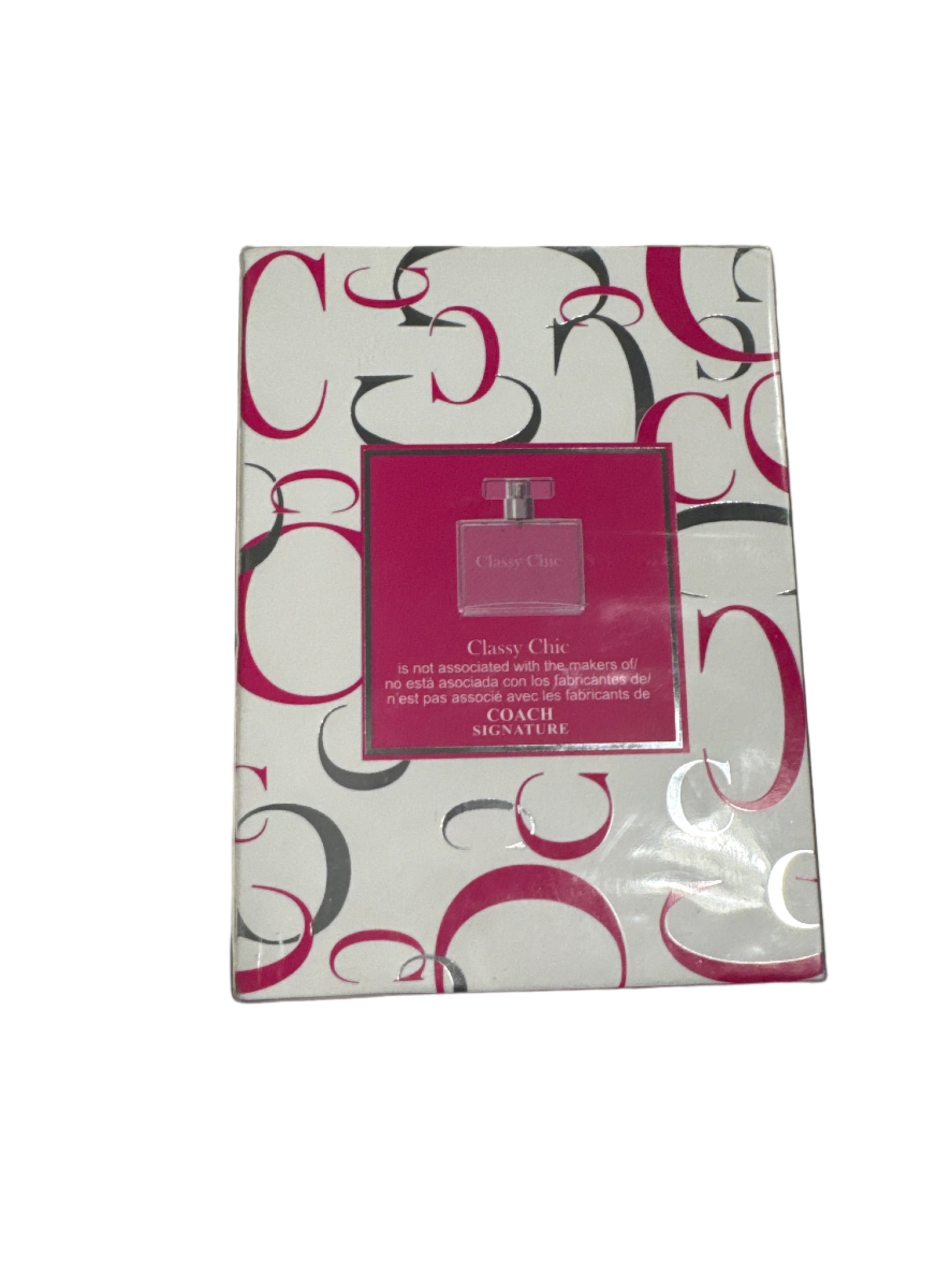 Classy Chic Eau de Parfum spray box with pink and white design, 3.4 fl oz fragrance inspired by Coach Signature