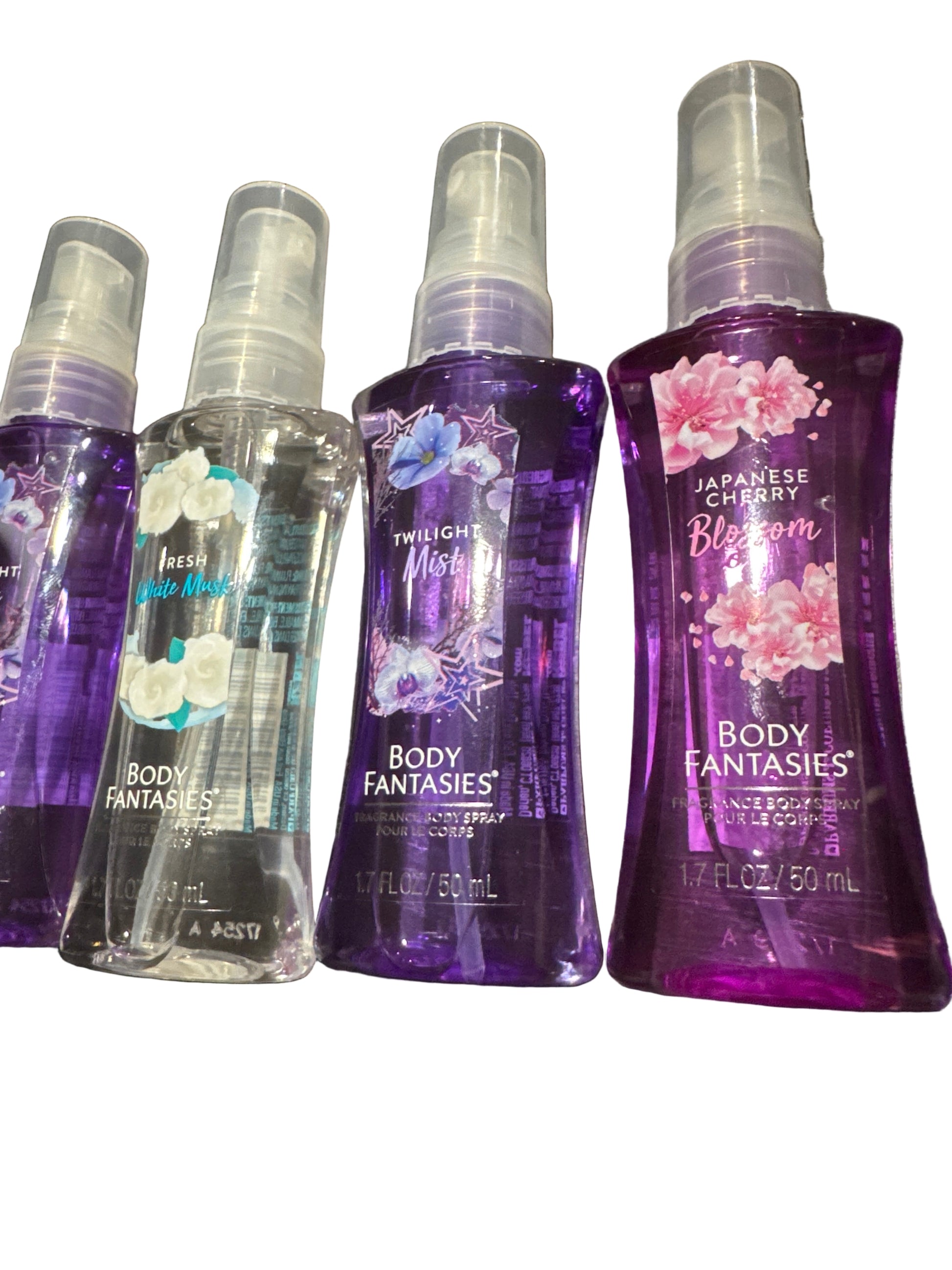 Five assorted 1.7 fl oz body mists including Sweet Pea Fantasy, Twilight Mist, Fresh White Musk, and Japanese Cherry Blossom.