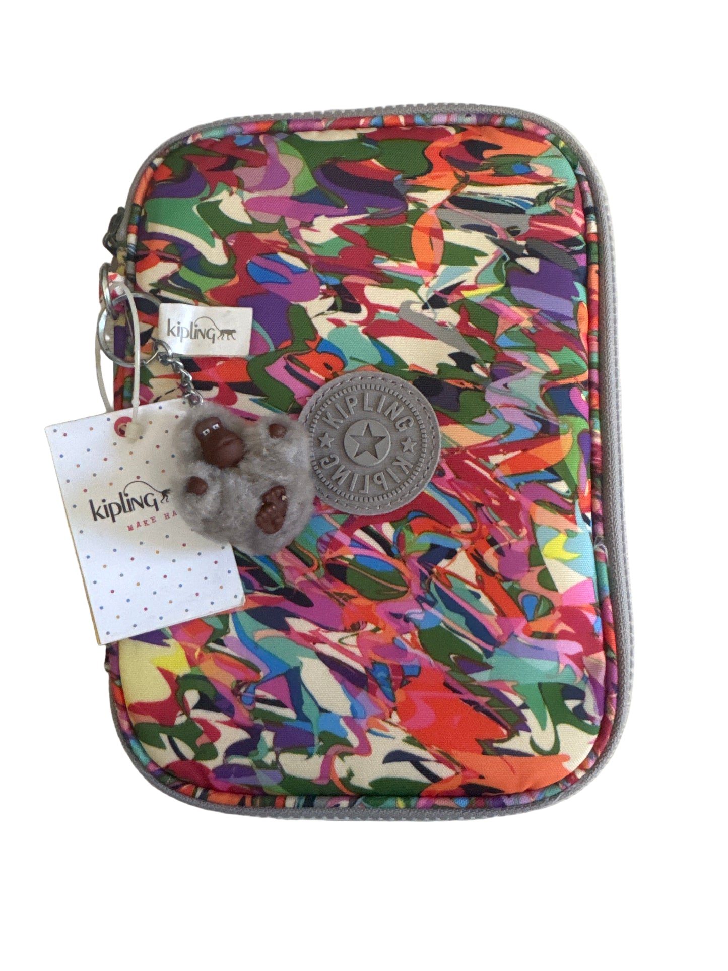 Multicolor zip-around nylon organizer case with interior elastic loops and charm.