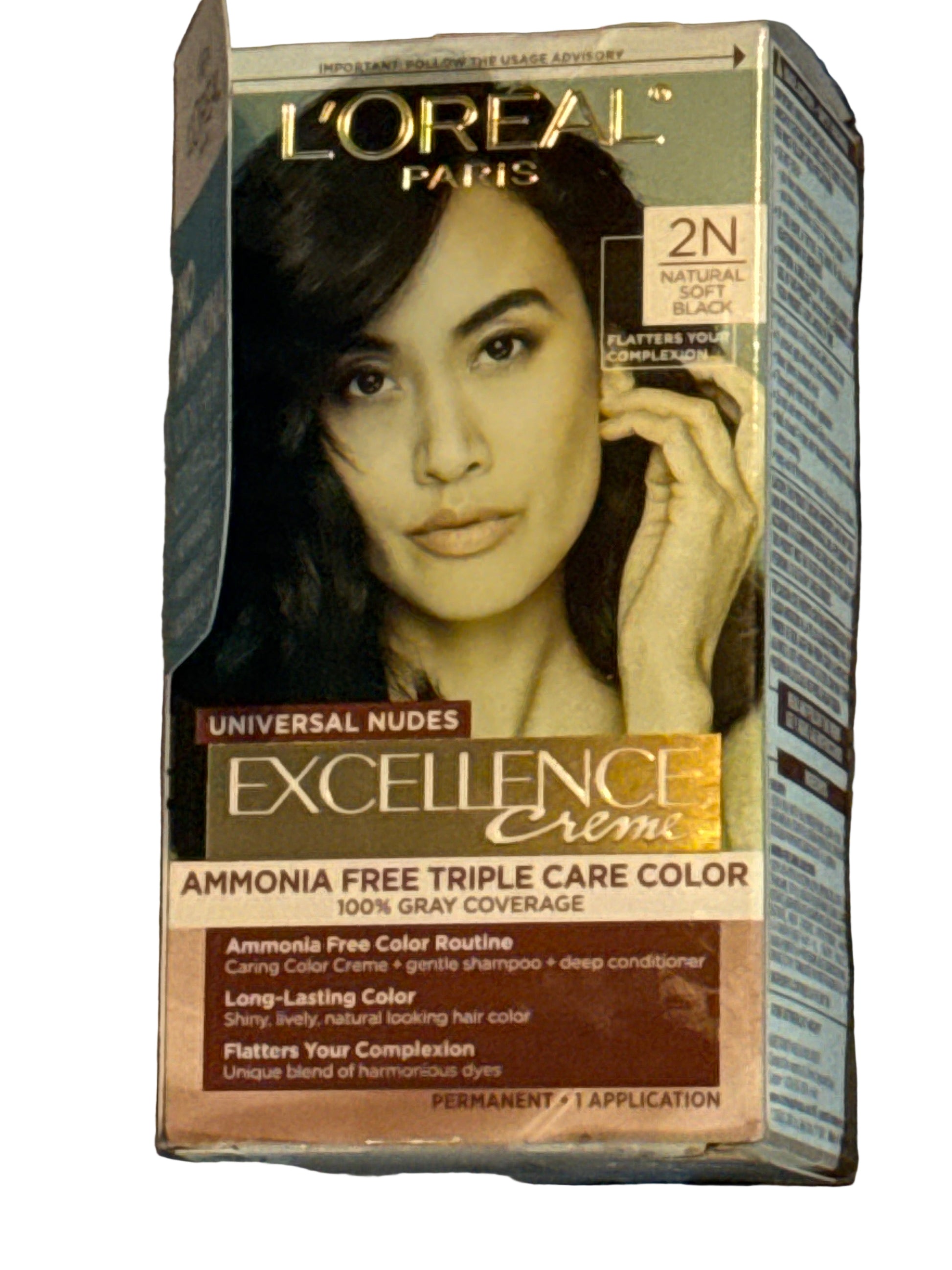Permanent Hair Color 2N Natural Soft Black box packaging showing front and back product details