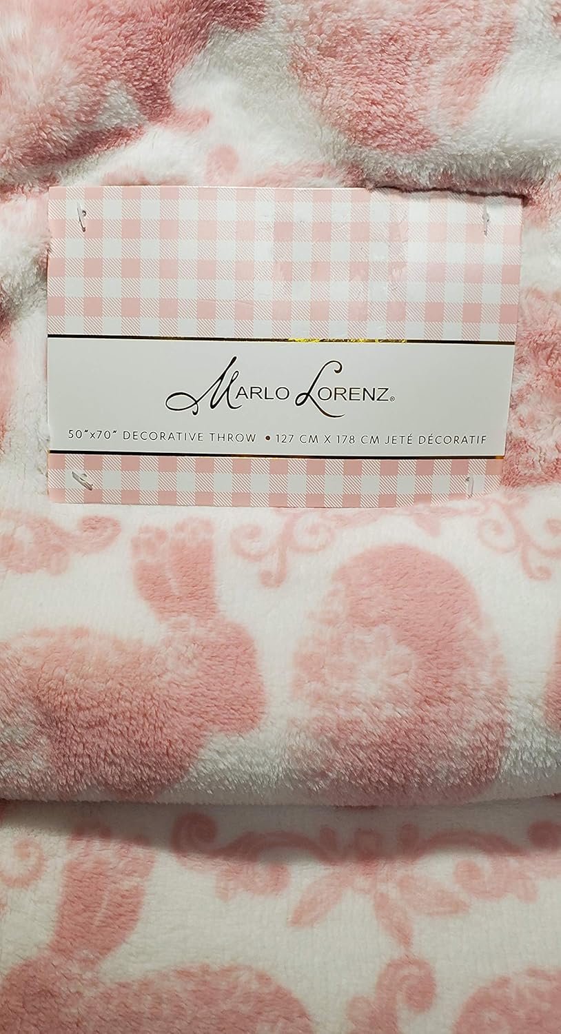 Soft pink and white plush throw blanket with bunny and Easter egg scroll design, 50" x 70", Marlo Lorenz.