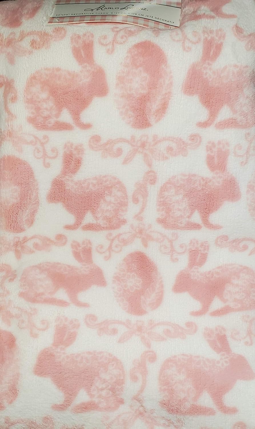 Soft pink and white plush throw blanket with bunny and Easter egg scroll design, 50" x 70", Marlo Lorenz.