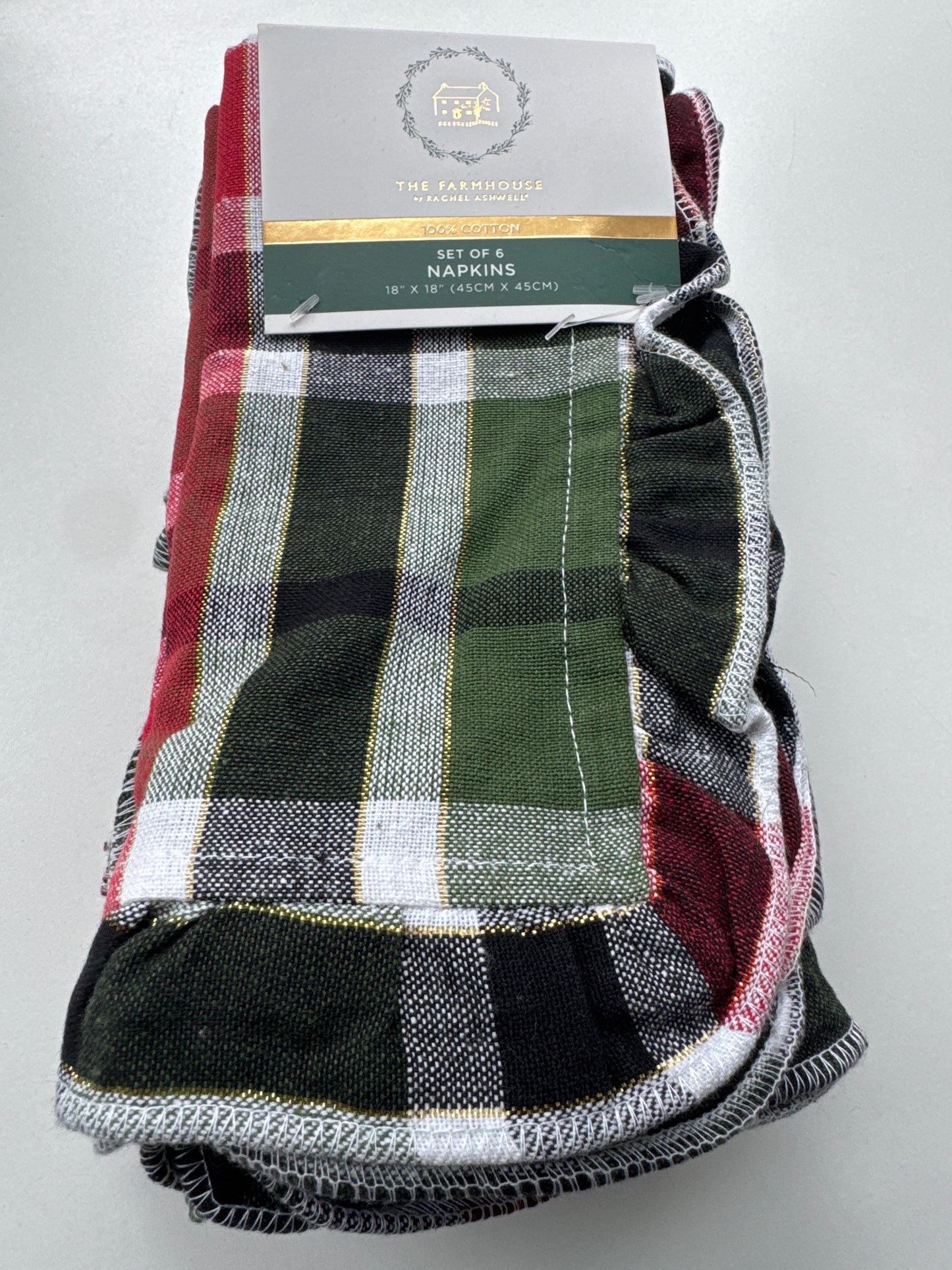 Plaid Ruffle Border Napkins - Set of 6, 100% Cotton, 18" x 18"