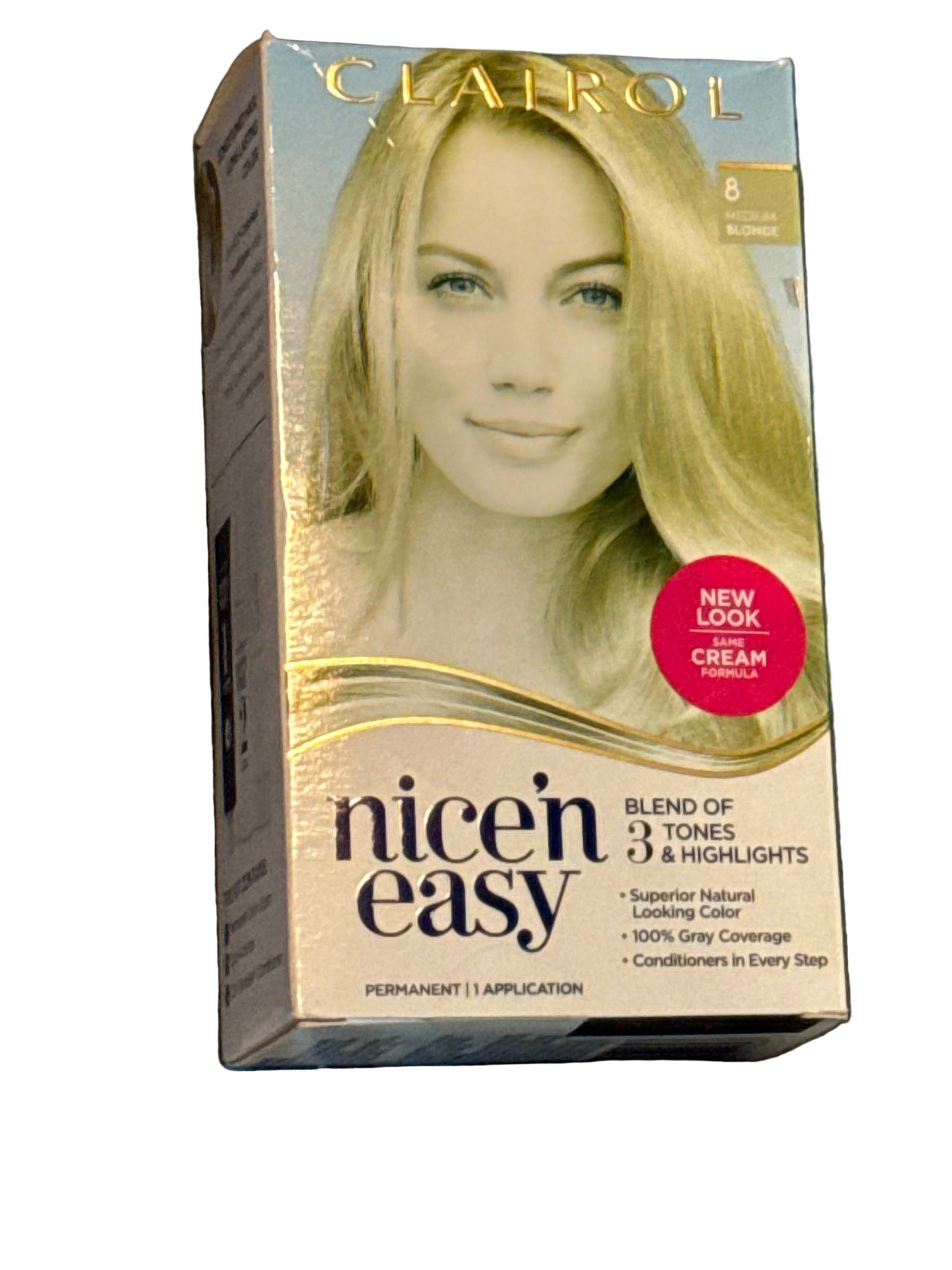 Clairol Nice’n Easy permanent hair color kit in shade 8 Medium Blonde showing front and back of box