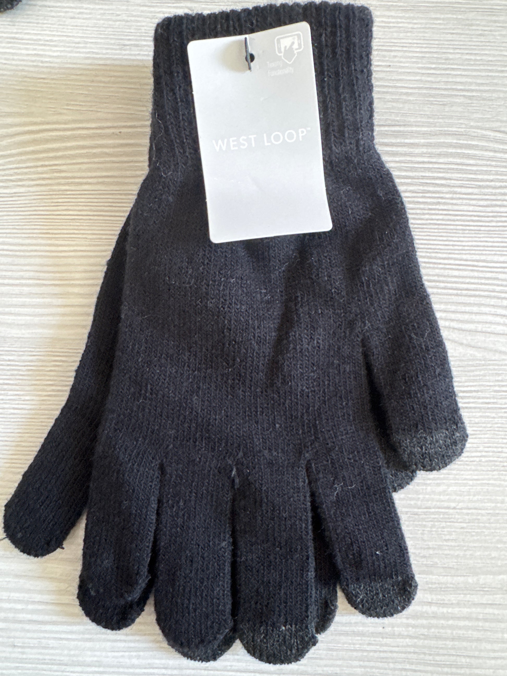 Two pairs of West Loop touchscreen gloves in gray and black, one-size knit style with touch-capable fingertips