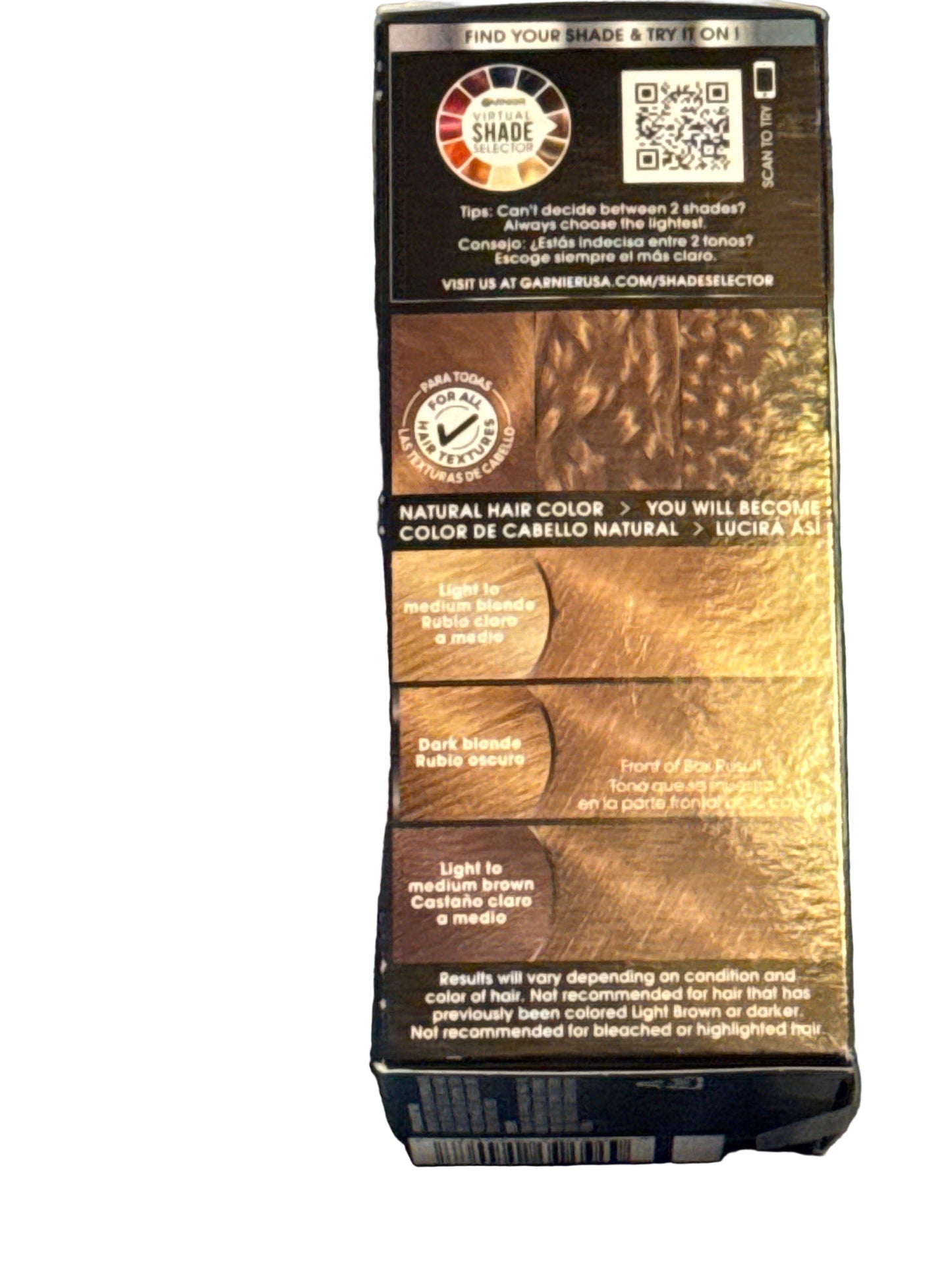 Front of Garnier Nutrisse Ultra Color hair dye box showing shade B4 Golden Mahogany Brown
Back of hair color box with instructions and ingredient information
Side view of Garnier Nutrisse Ultra Color packaging