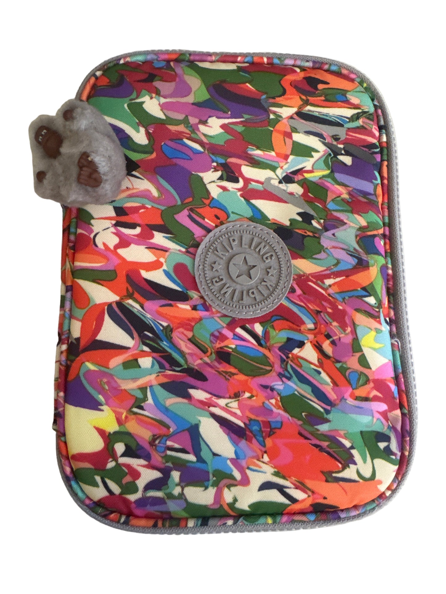 Multicolor zip-around nylon organizer case with interior elastic loops and charm.