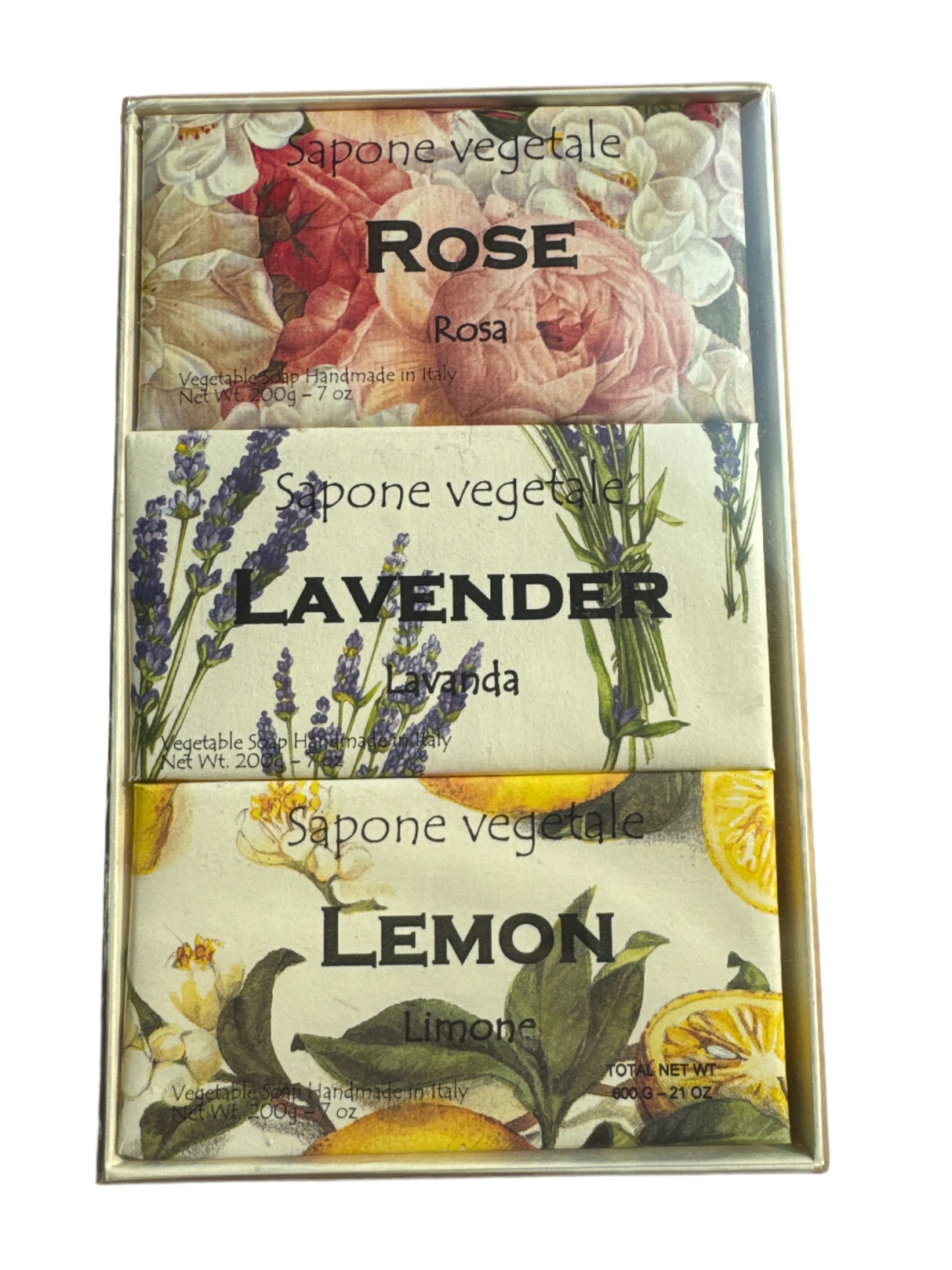 Set of three Alchimia vegetable soaps in Rose, Lavender, and Lemon scents – each bar 7 oz, boxed