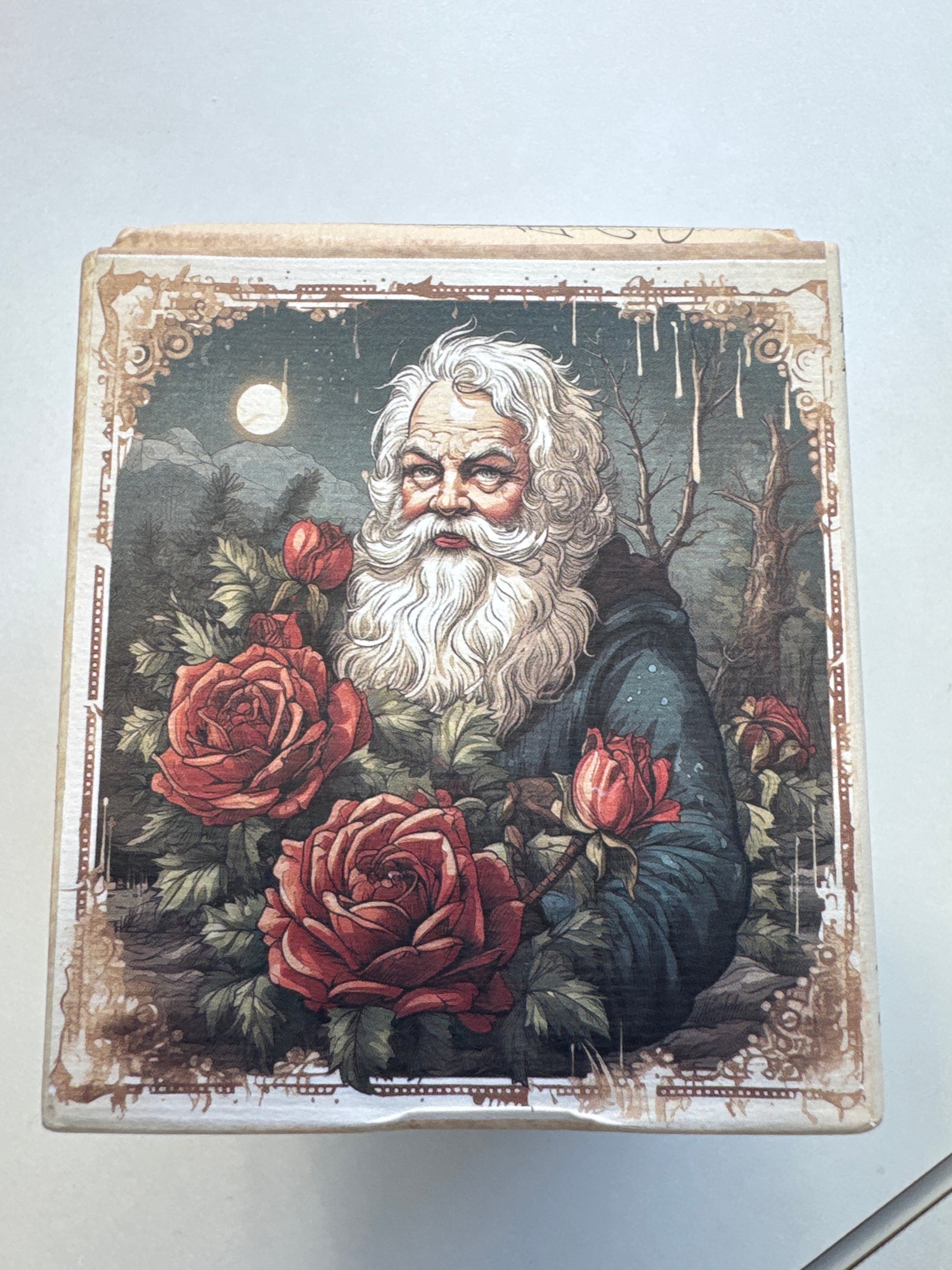 Three-bar soap gift set with vintage-style holiday packaging, tied with red ribbon, scented in vanilla and honey.