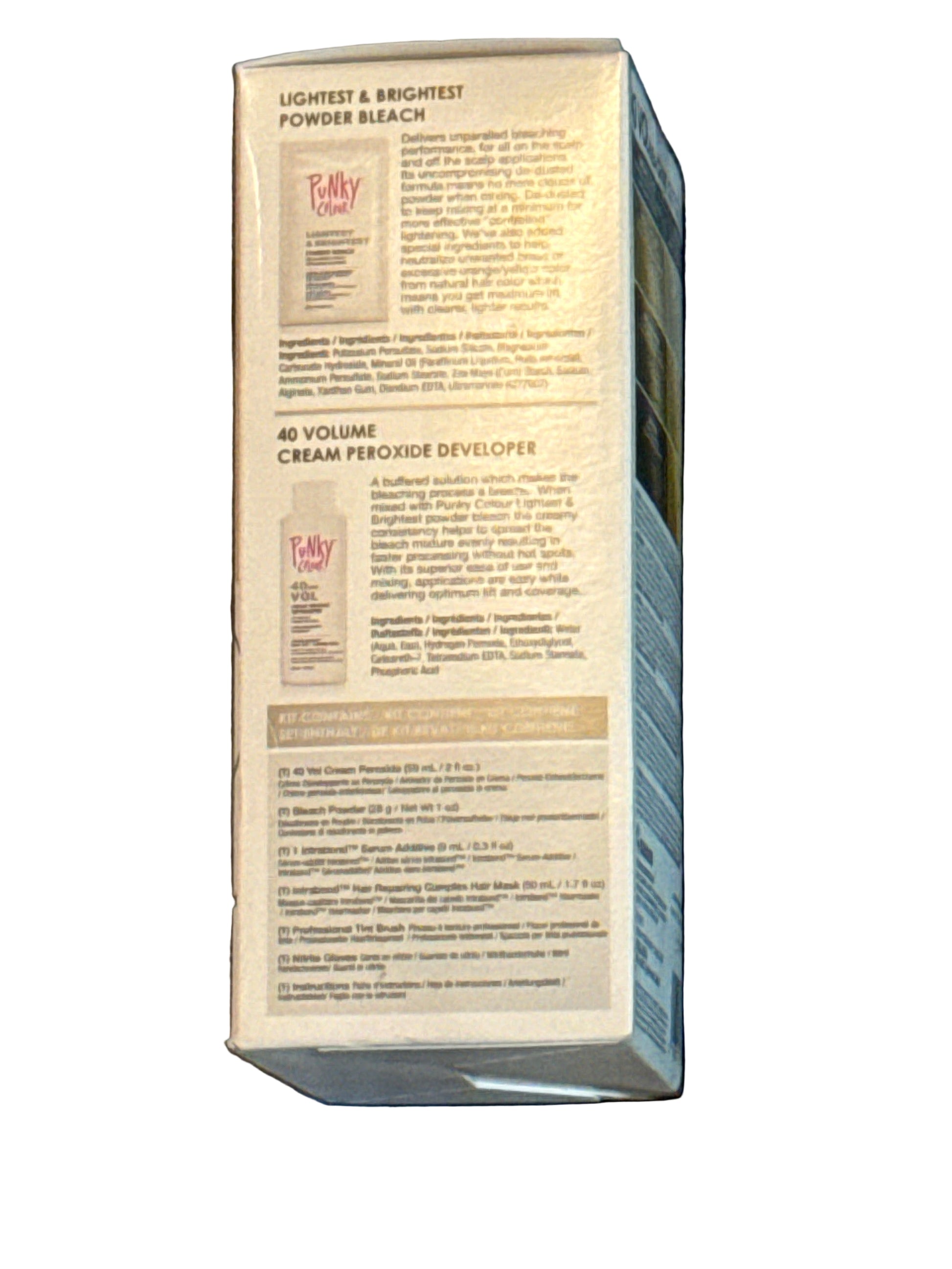 40 volume hair bleach kit packaging showing front and back with lightening results chart