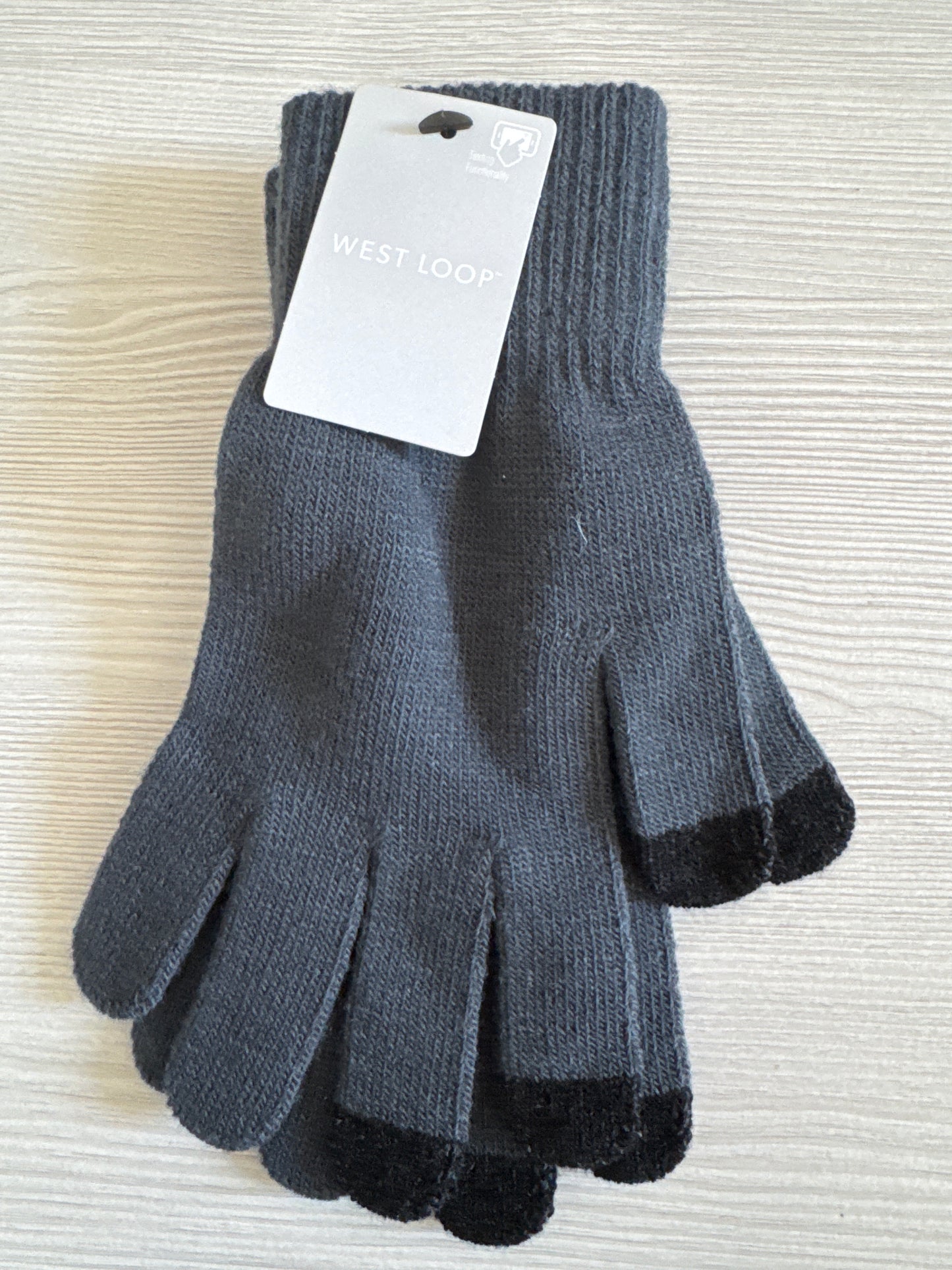 Two pairs of West Loop touchscreen gloves in gray and black, one-size knit style with touch-capable fingertips