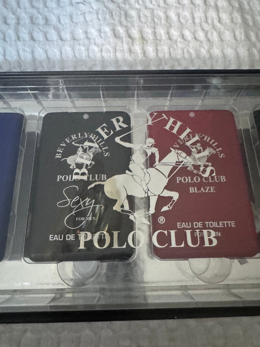 Beverly Hills Polo Club 4-piece men’s eau de toilette gift set with Blue, Sexy, Blaze, and Classic scents in rectangular tins