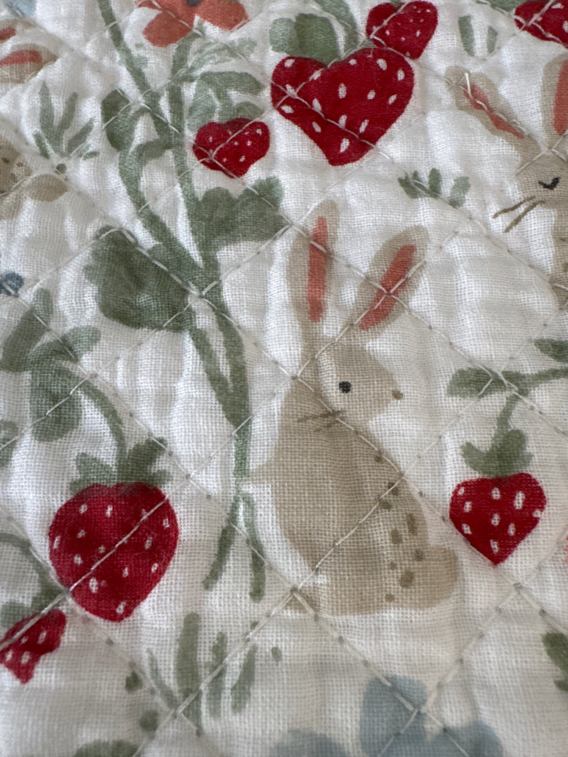  Close-up of a placemat with a design featuring a bunny and strawberries, with a quilted pattern visible on the fabric