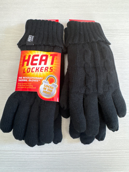 Two pairs of black Heat Locker thermal winter gloves with red and yellow packaging for cold weather insulation