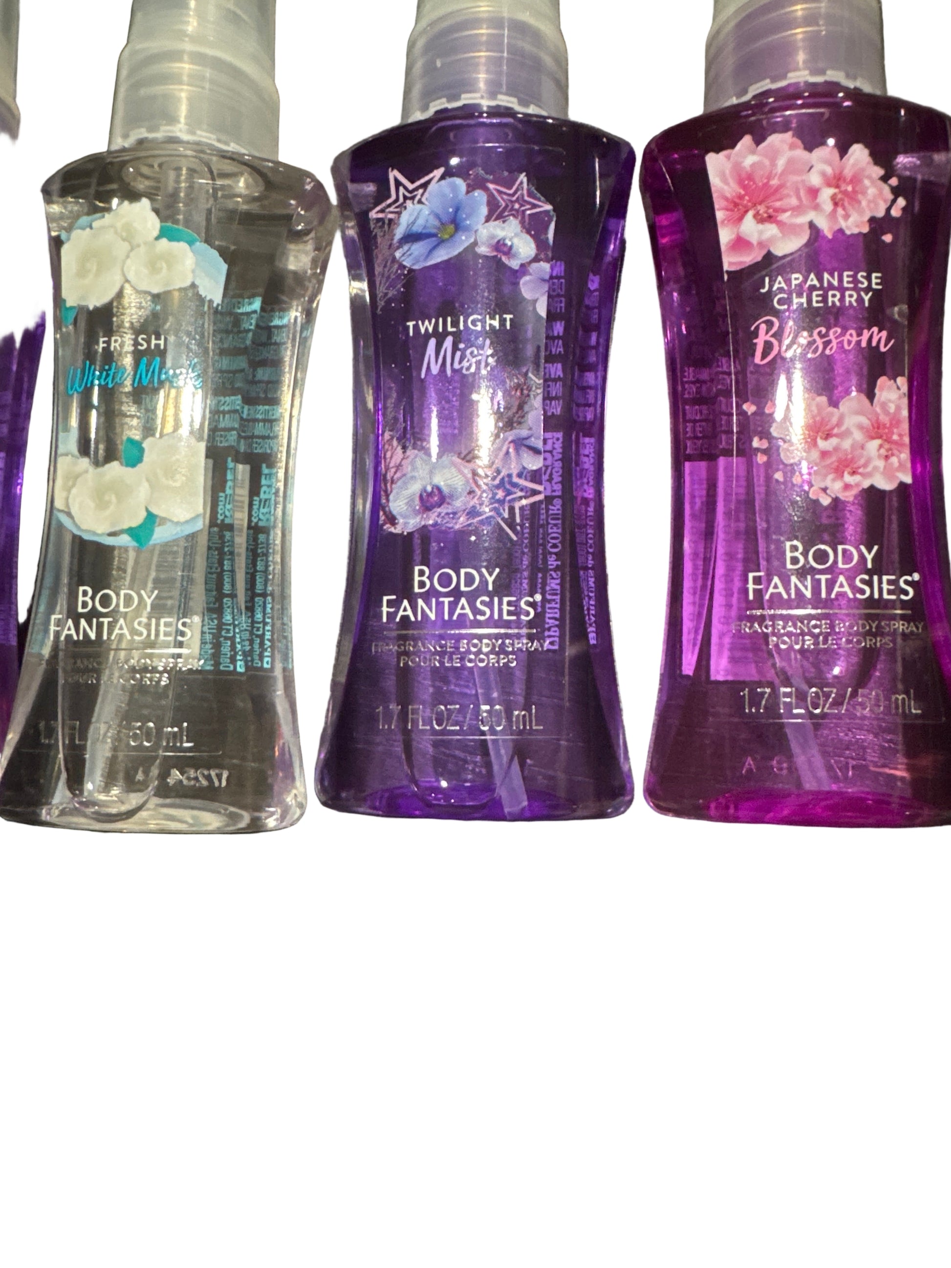 Five assorted 1.7 fl oz body mists including Sweet Pea Fantasy, Twilight Mist, Fresh White Musk, and Japanese Cherry Blossom.