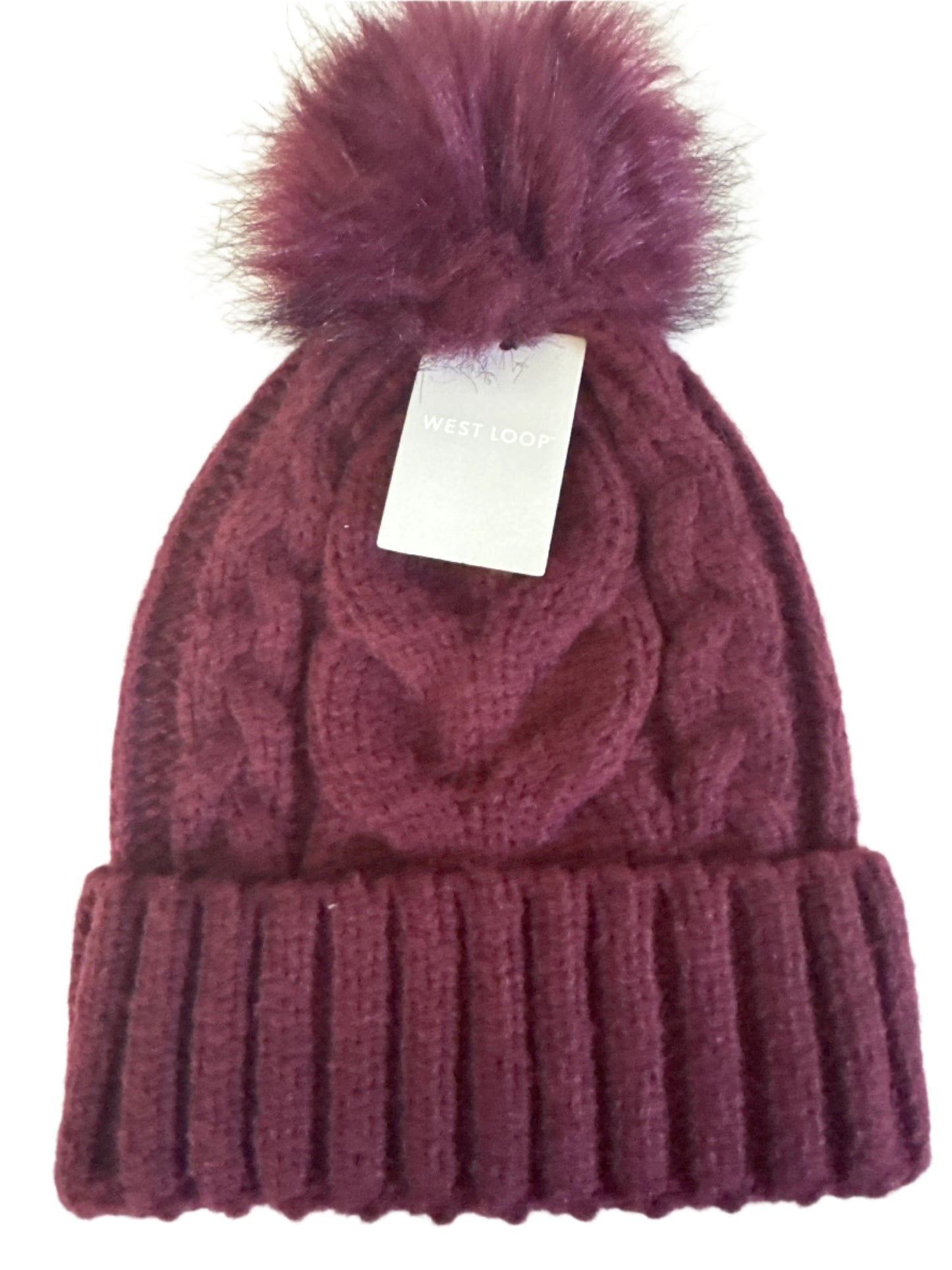 burgundy cable knit beanie with faux fur pom pom, one size winter hat