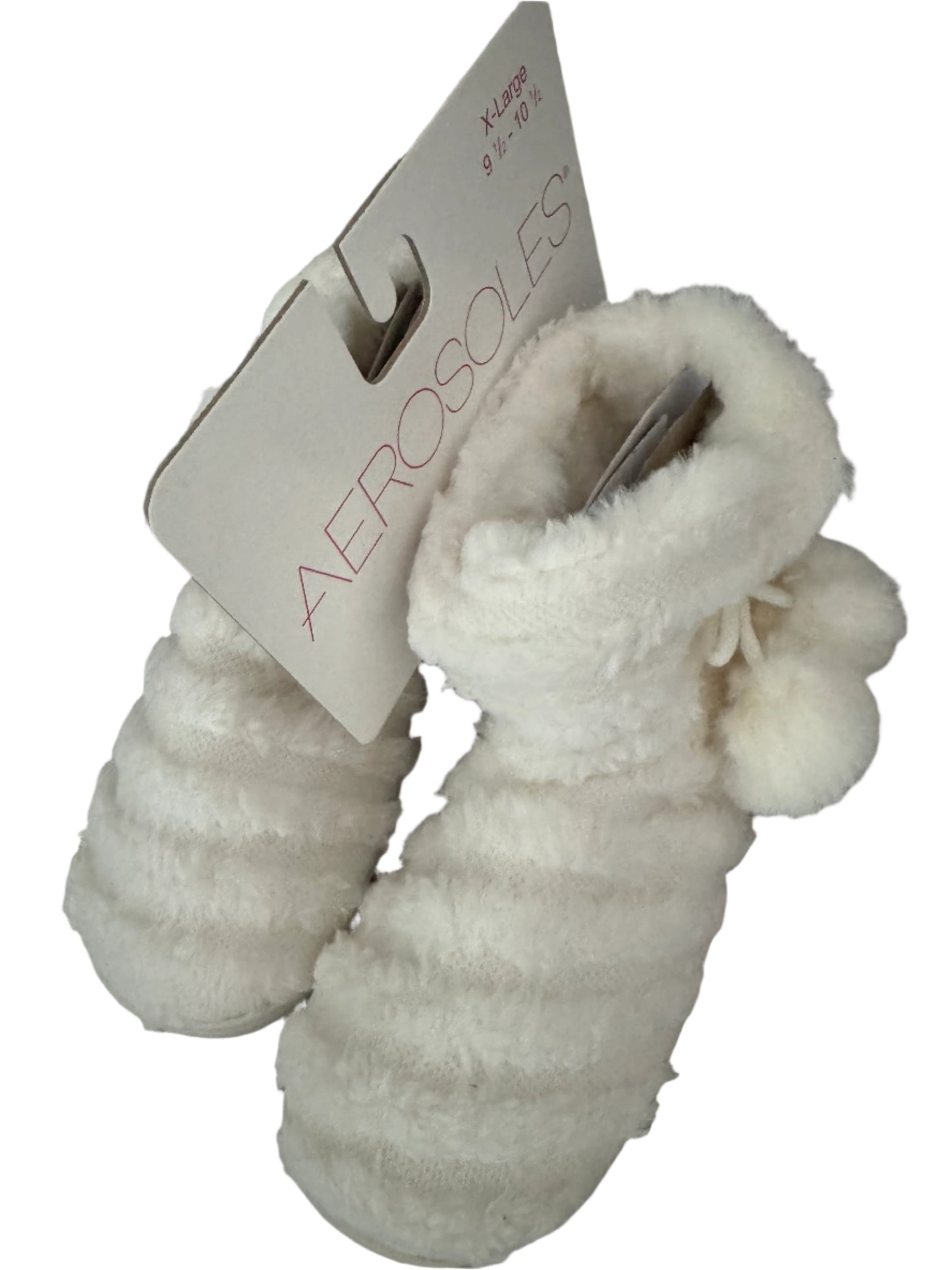 White plush bootie slippers with pom-poms in women’s XL (fits 9.5–10.5)