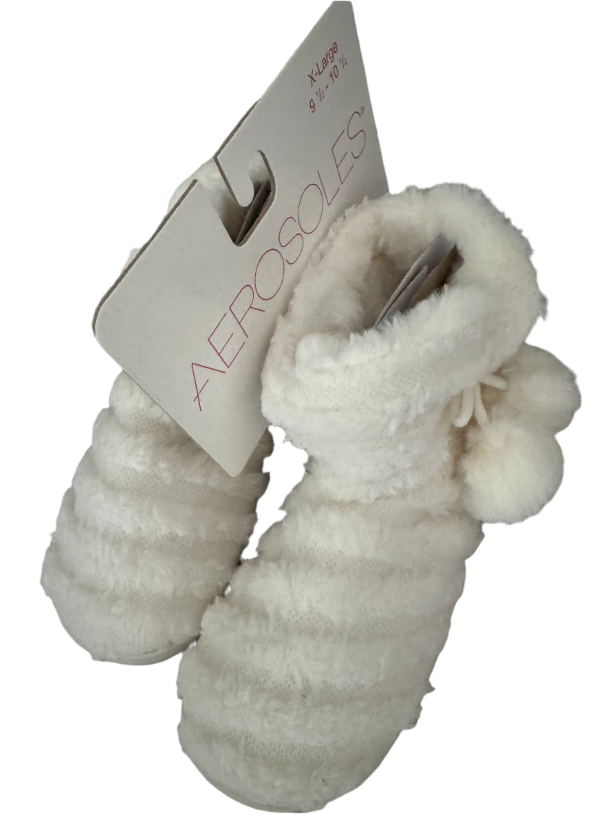 White plush bootie slippers with pom-poms in women’s XL (fits 9.5–10.5)