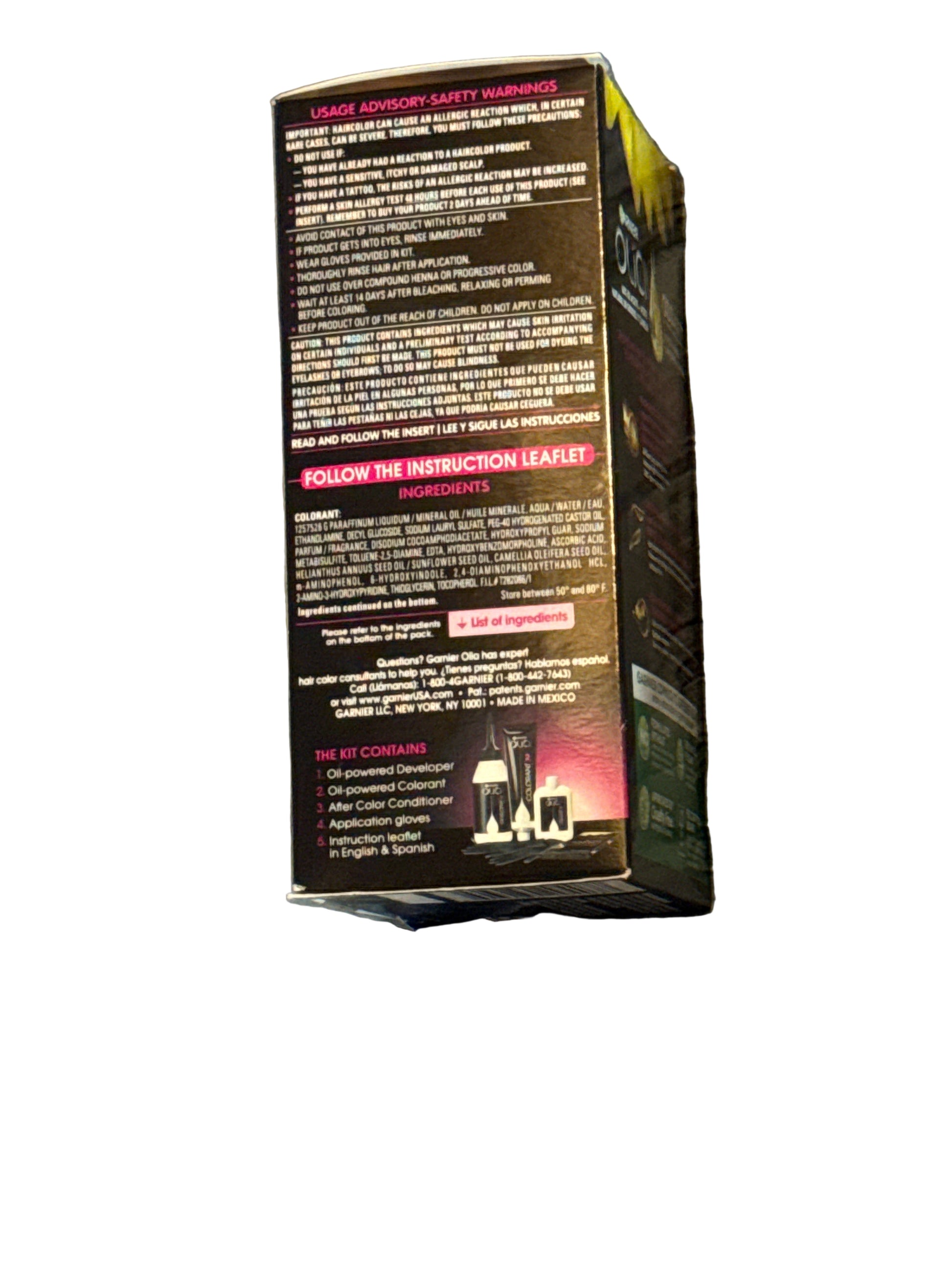 Front of Garnier Nutrisse Ultra Color hair dye box showing shade B4 Golden Mahogany Brown
Back of hair color box with instructions and ingredient information
Side view of Garnier Nutrisse Ultra Color packaging