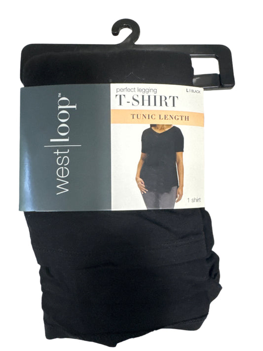 West Loop black tunic-length t-shirt with tag-free label, soft rayon blend, and retail packaging