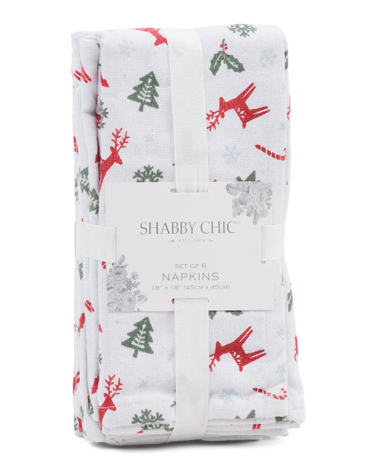 Set of six Christmas cloth napkins with joyous ditsy toss holiday pattern, folded and wrapped, 18x18 inches