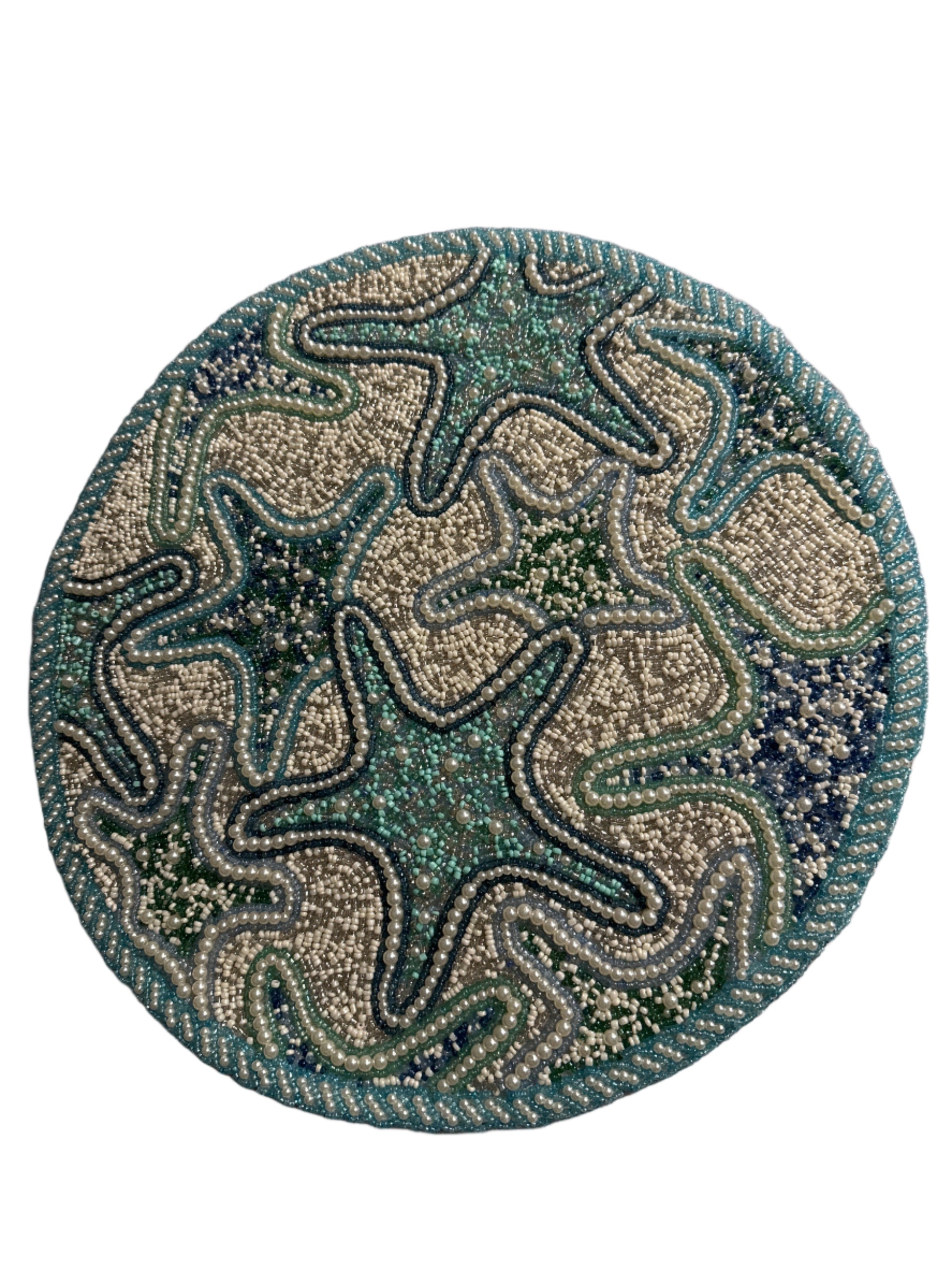 Handmade Round Starfish Beaded Placemat with intricate beading, featuring a coastal design with starfish patterns in soft shades of blue, green, and beige, 15-inch diameter
