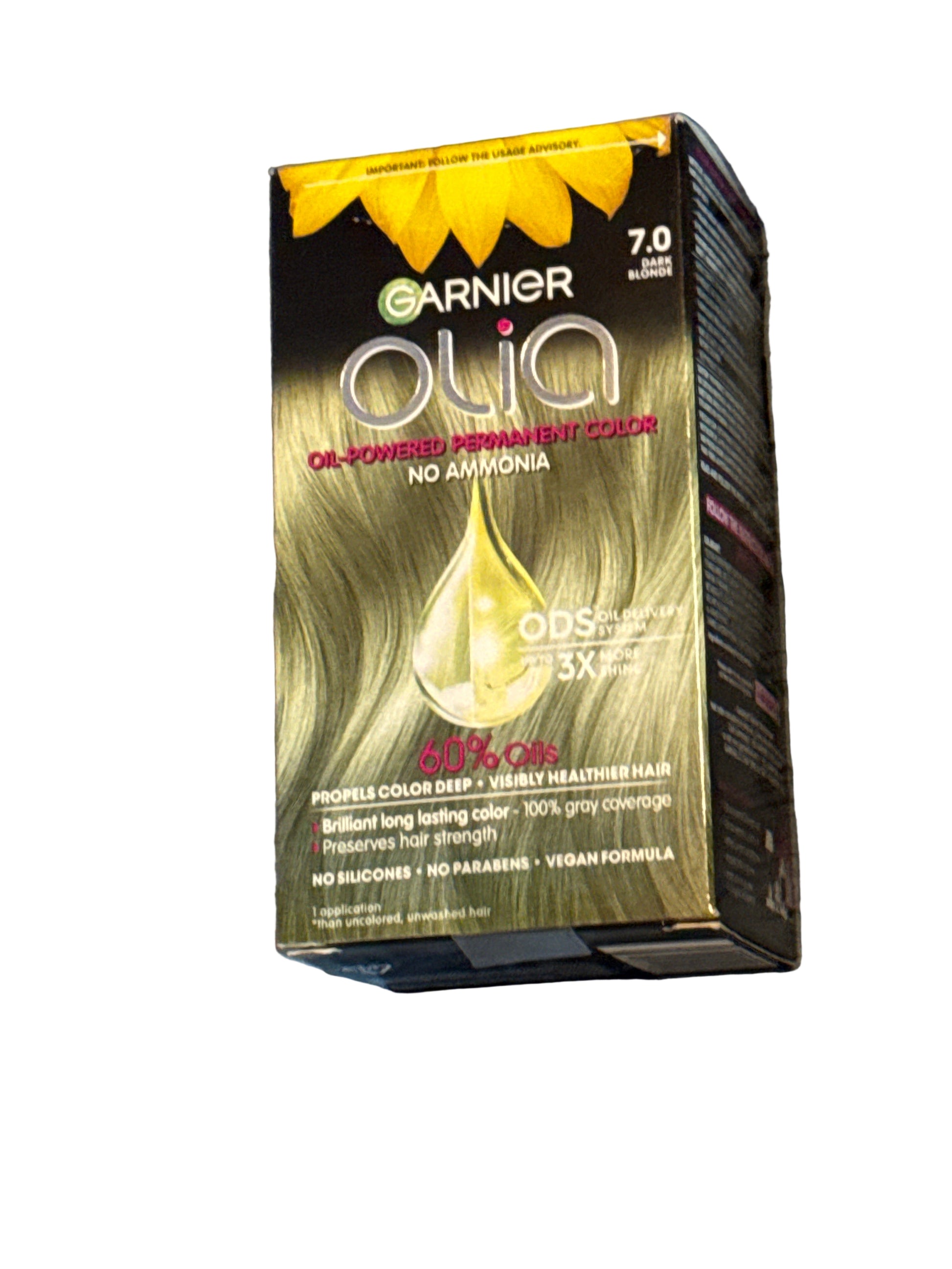 Front of Garnier Nutrisse Ultra Color hair dye box showing shade B4 Golden Mahogany Brown
Back of hair color box with instructions and ingredient information
Side view of Garnier Nutrisse Ultra Color packaging