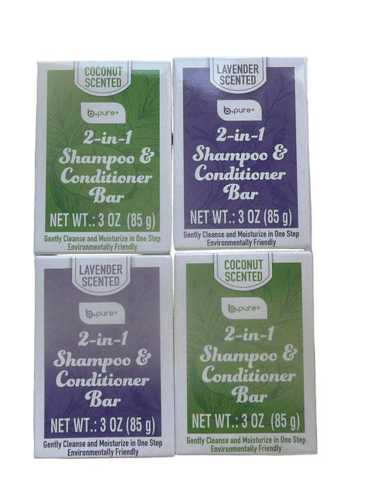 Four small boxed hair care products arranged in a 2x2 grid on a light surface. The boxes are for Bpure 2-in-1 Shampoo & Conditioner Bar, with lavender and coconut scented variants in purple and green packaging.