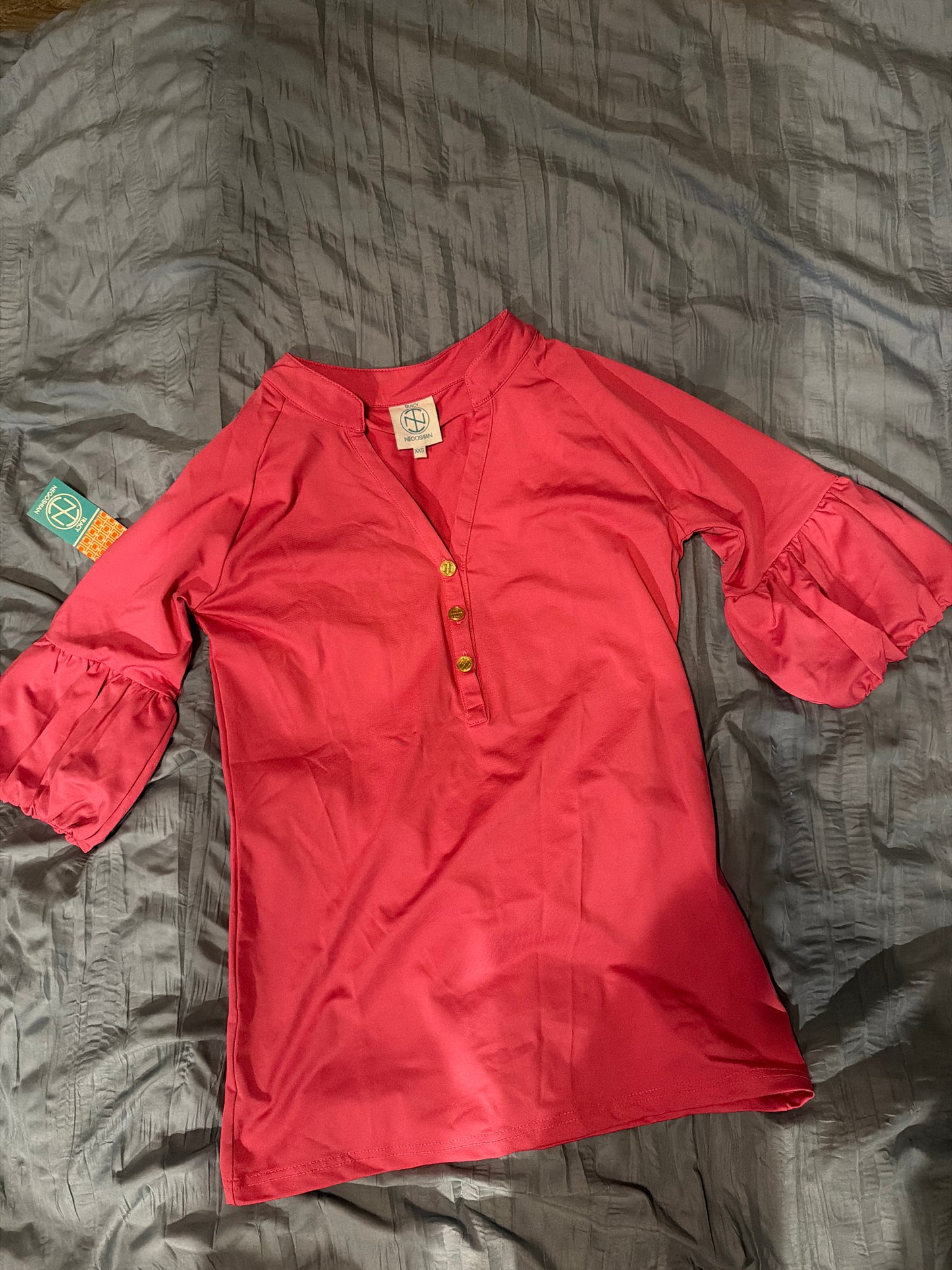 Tracy Negoshian Piper Pink Blouson Sleeve Blouse Gold Buttons Size XXS