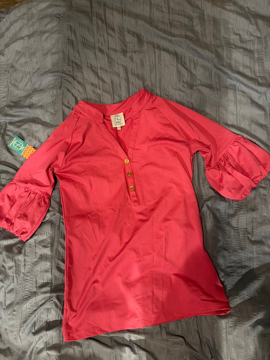 Tracy Negoshian Piper Pink Blouson Sleeve Blouse Gold Buttons Size XXS