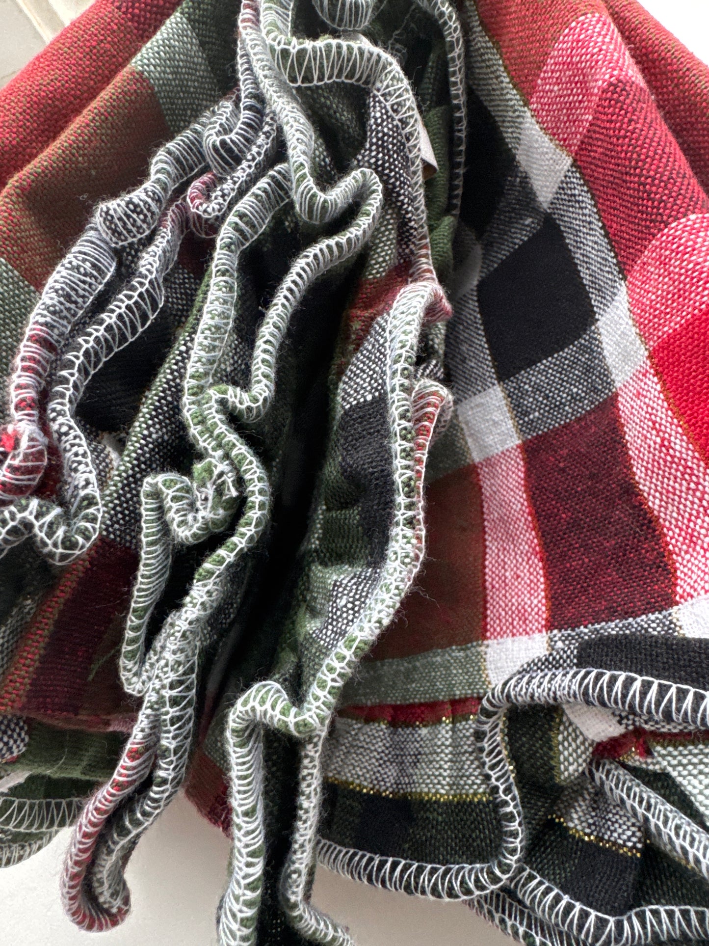 Plaid ruffle border cotton napkins set of six with red, green, and neutral tones, farmhouse-style table linens by The Farmhouse by Rachel Ashwell